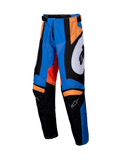 Alpinestars 2025 Youth Racer Melt Pants, pantaloni da motocross per ragazzi, arancione e blu con accenti neri e bianchi, vivaci pannelli grafici, costruzione della gamba pre-curvata, interno delle ginocchia rinforzato, vita regolabile con chiusura a cricchetto