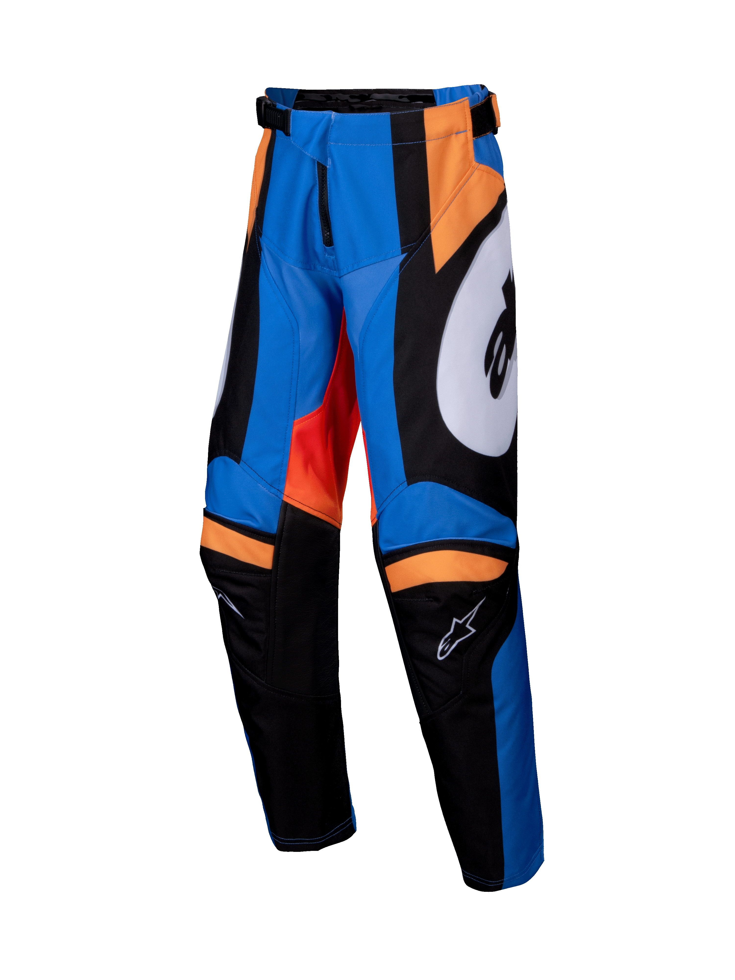 Alpinestars 2025 Youth Racer Melt Pants, pantaloni da motocross per ragazzi, arancione e blu con accenti neri e bianchi, vivaci pannelli grafici, costruzione della gamba pre-curvata, interno delle ginocchia rinforzato, vita regolabile con chiusura a cricchetto