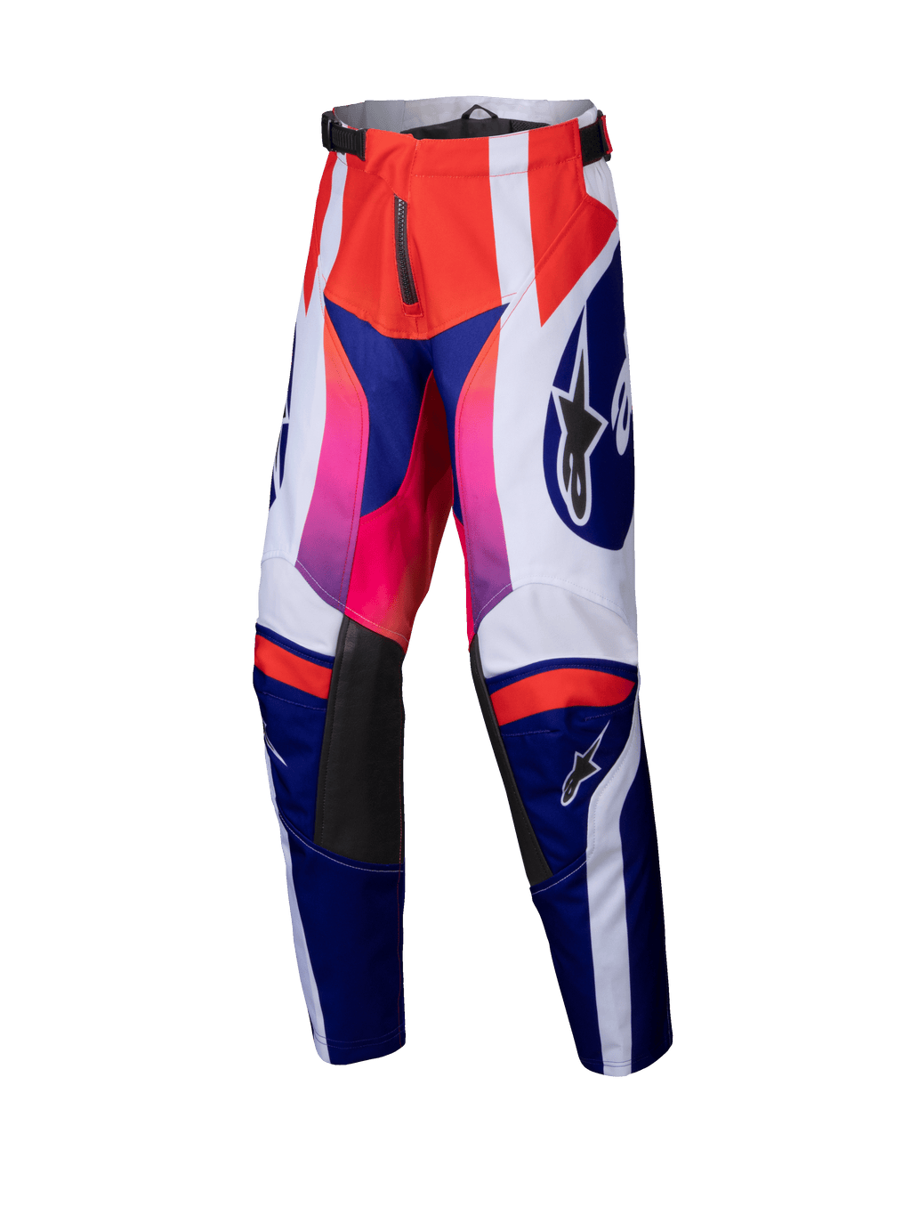 Alpinestars 2025 Youth Racer Wurx Pants, pantaloni da motocross per ragazzi, rosso, blu, rosa e bianco, audace motivo geometrico con sfumature dal rosa al rosso, pannelli interni alle ginocchia in pelle nera, vita regolabile, costruzione in tessuto resistente per corse off-road giovanili