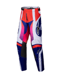 Alpinestars 2025 Youth Racer Wurx Pants, pantaloni da motocross per ragazzi, rosso, blu, rosa e bianco, audace motivo geometrico con sfumature dal rosa al rosso, pannelli interni alle ginocchia in pelle nera, vita regolabile, costruzione in tessuto resistente per corse off-road giovanili