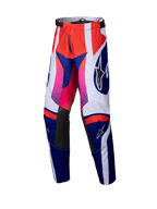 Alpinestars 2025 Youth Racer Wurx Pants, pantaloni da motocross per ragazzi, rosso, blu, rosa e bianco, audace motivo geometrico con sfumature dal rosa al rosso, pannelli interni alle ginocchia in pelle nera, vita regolabile, costruzione in tessuto resistente per corse off-road giovanili