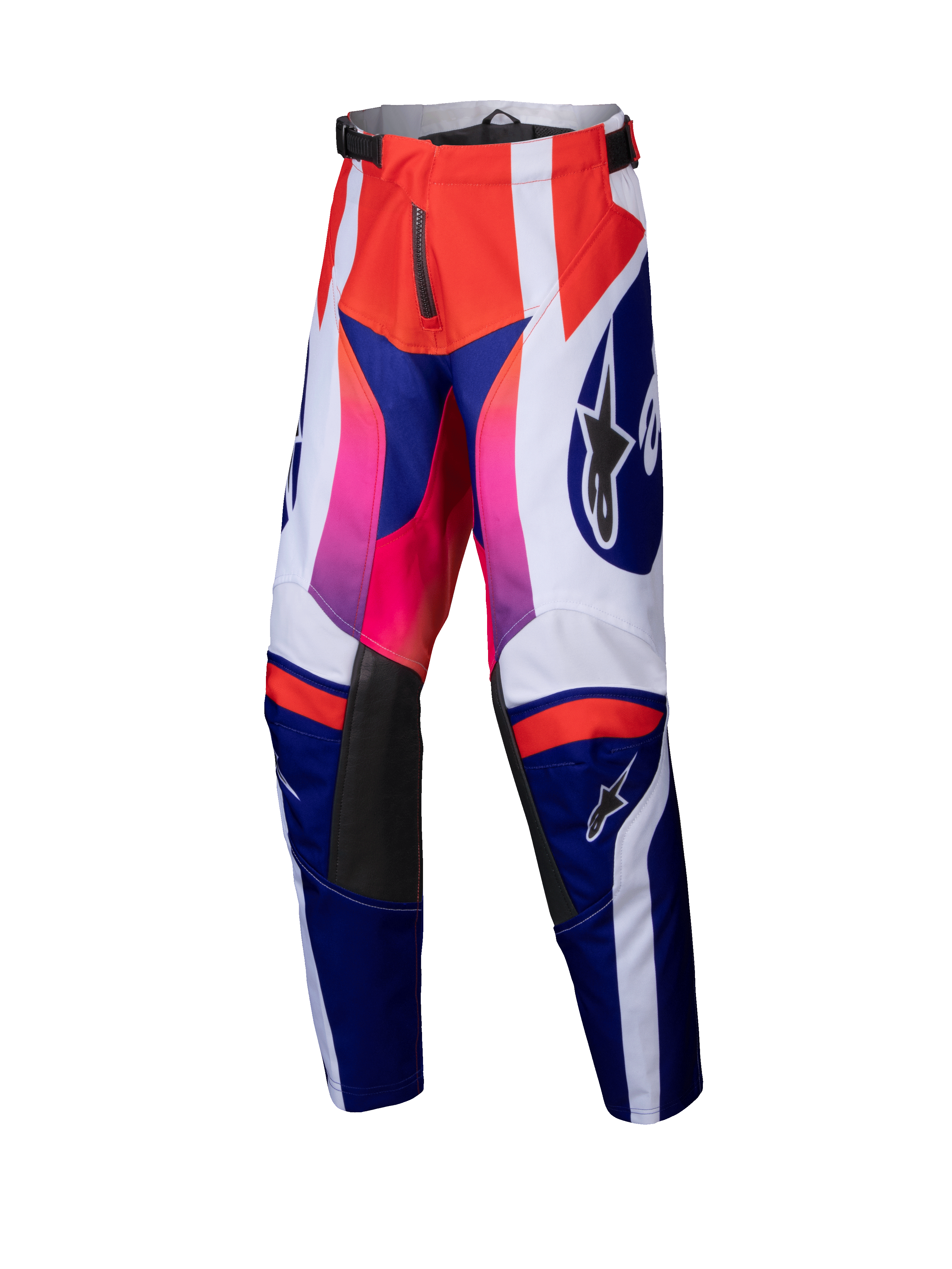 Alpinestars 2025 Youth Racer Wurx Pants, pantaloni da motocross per ragazzi, rosso, blu, rosa e bianco, audace motivo geometrico con sfumature dal rosa al rosso, pannelli interni alle ginocchia in pelle nera, vita regolabile, costruzione in tessuto resistente per corse off-road giovanili