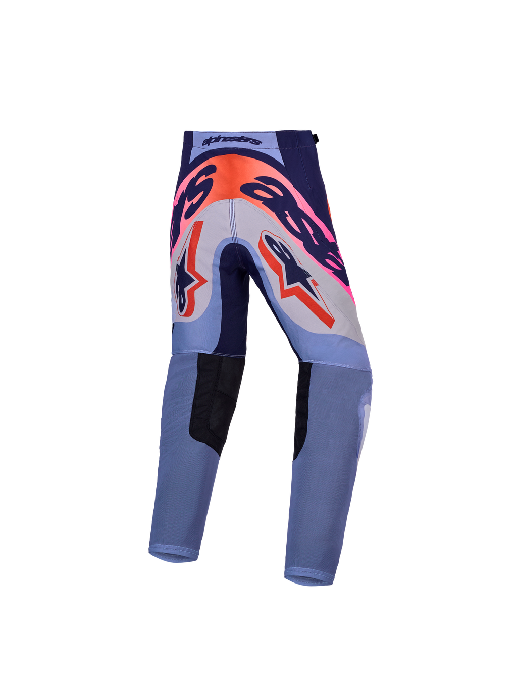 Alpinestars Pantaloni Supertech Dyna ragazzo, pantaloni da motocross racing per fuoristrada, viola e rosa fluo, vista posteriore con rinforzo seduta 600D, design atletico e leggero.