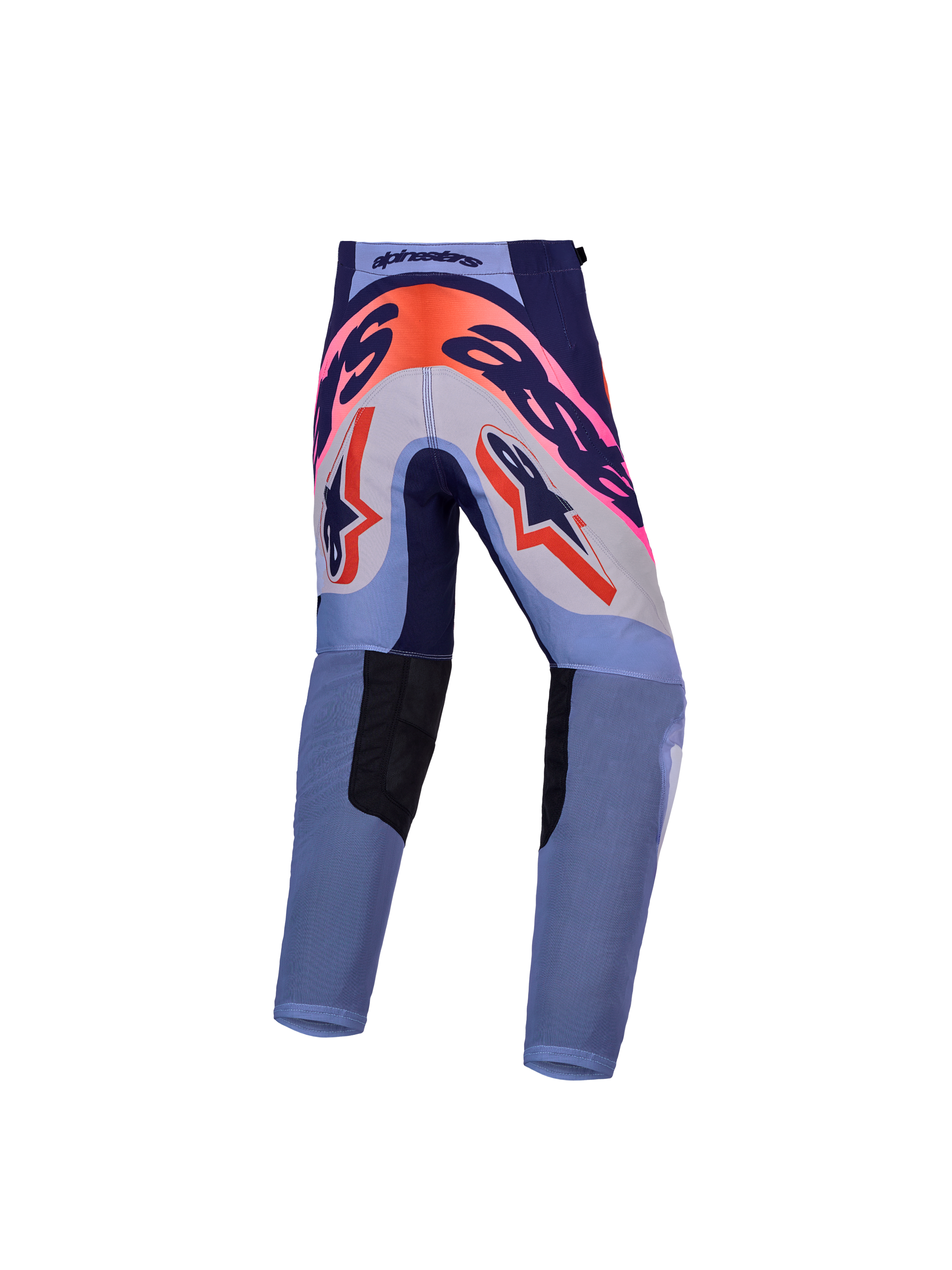 Alpinestars Pantaloni Supertech Dyna ragazzo, pantaloni da motocross racing per fuoristrada, viola e rosa fluo, vista posteriore con rinforzo seduta 600D, design atletico e leggero.