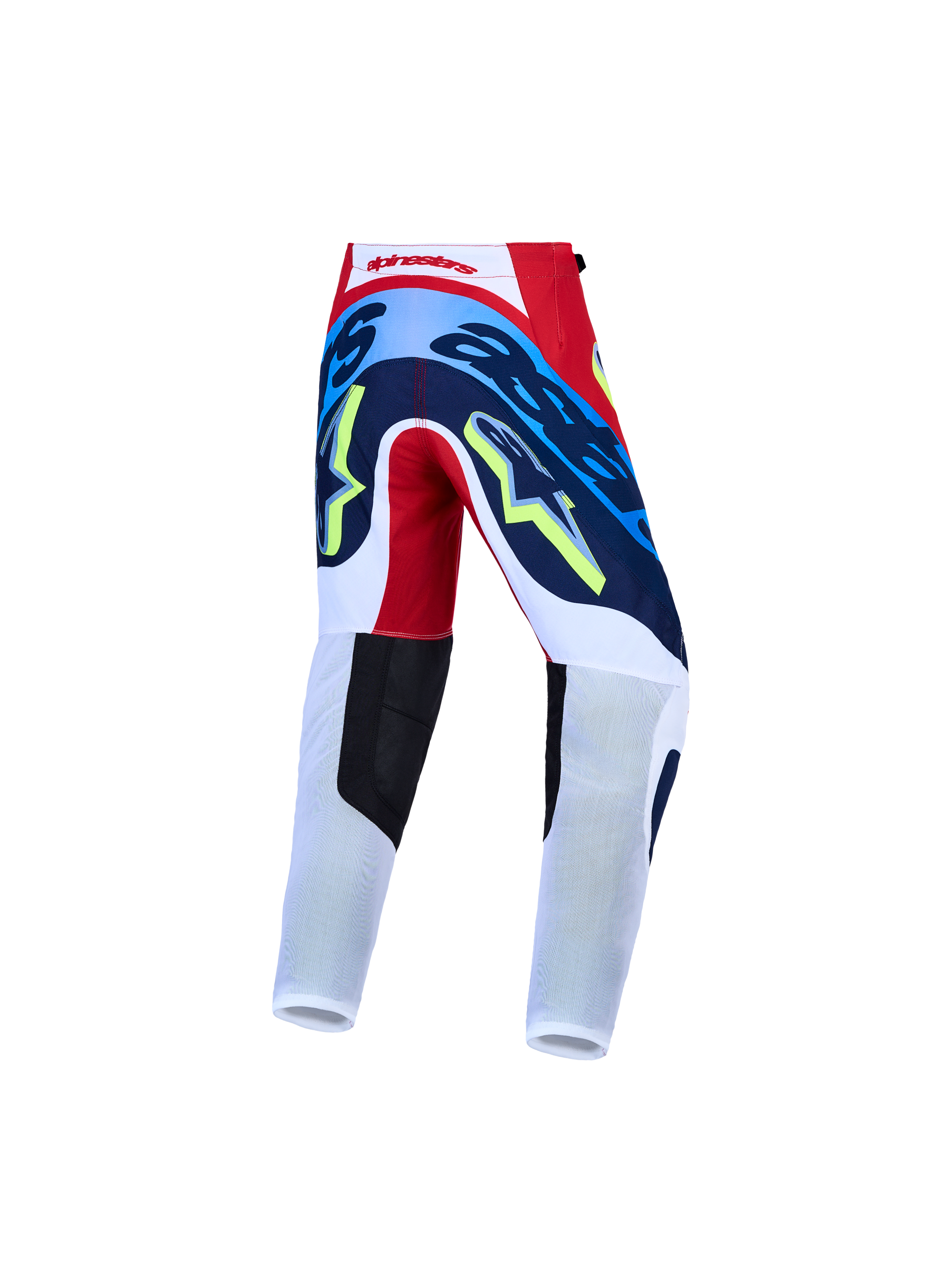 Alpinestars pantaloni Supertech Dyna ragazzo AND Gear Set, pantaloni motocross rossi, bianchi e blu navy, vista posteriore.