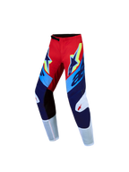 Alpinestars Pantaloni Supertech Dyna Ragazzo, pantaloni da motocross racing, rosso fuoco e blu navy con pannelli elasticizzati e inserti bianchi traspiranti, ideali per competizioni off-road.
