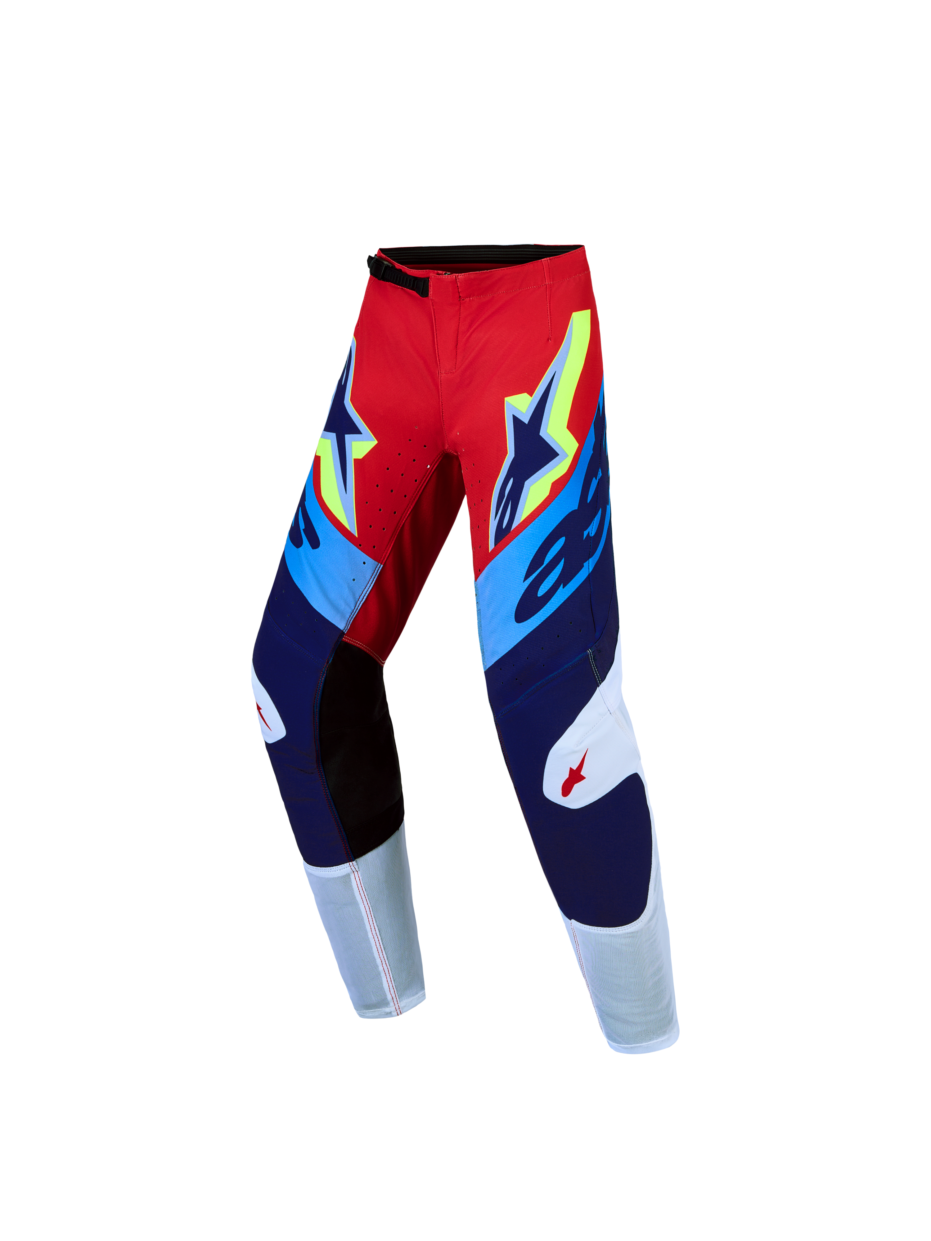 Alpinestars Pantaloni Supertech Dyna Ragazzo, pantaloni da motocross racing, rosso fuoco e blu navy con pannelli elasticizzati e inserti bianchi traspiranti, ideali per competizioni off-road.