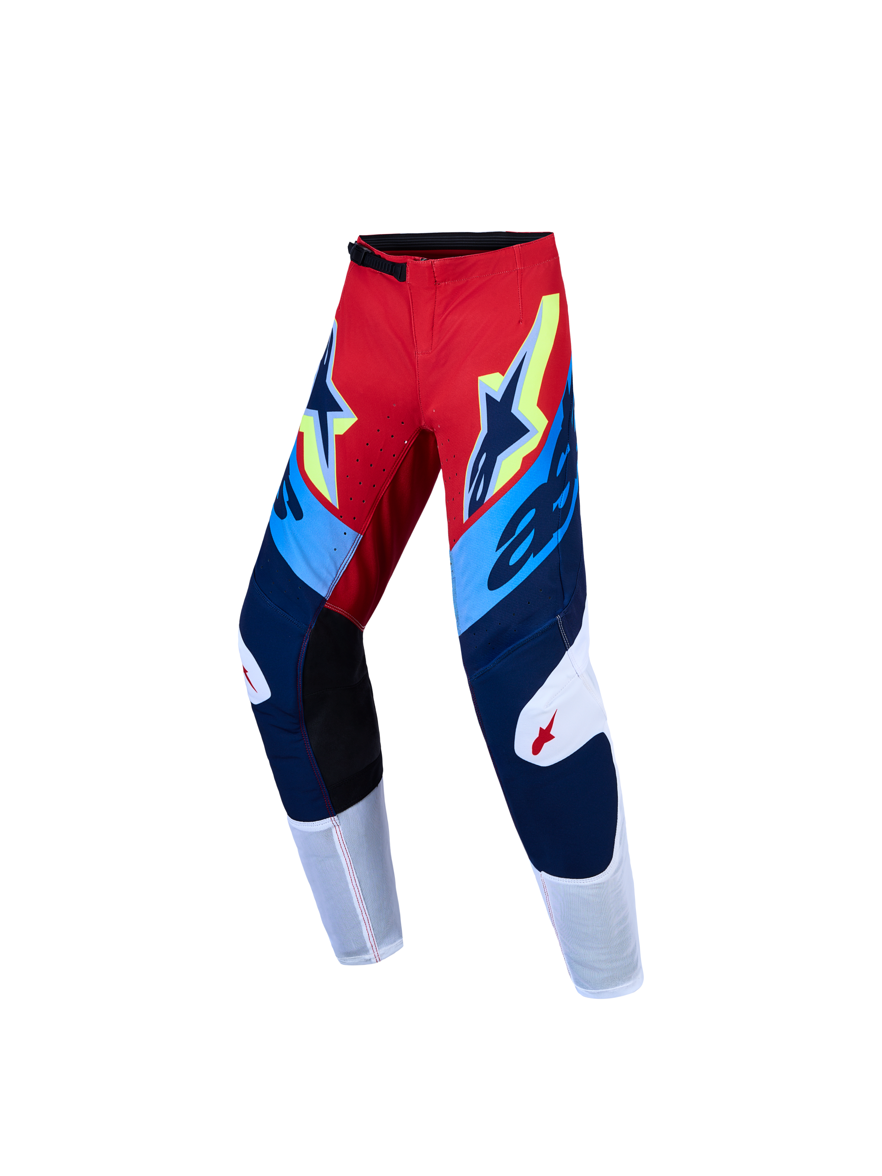 Alpinestars Pantaloni Supertech Dyna Ragazzo AND Gear Set, pantaloni motocross rossi e blu navy in tessuto rip-stop stretch.