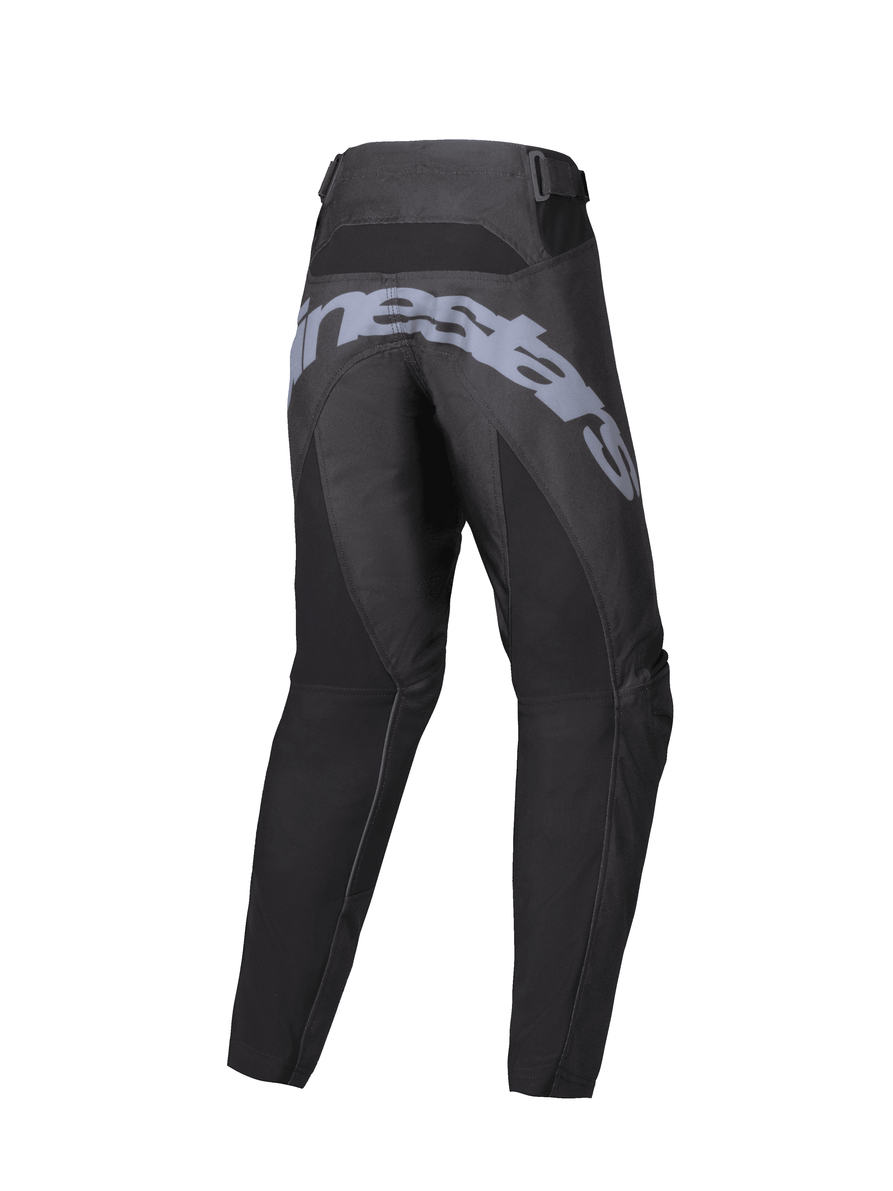Alpinestars 2025 Youth Racer Graphite Pants, pantaloni da motocross, nero e grigio, vista posteriore con grande logo grigio sulla seduta, costruzione ergonomica pre-curvata e cinghie regolabili in vita per la guida fuoristrada