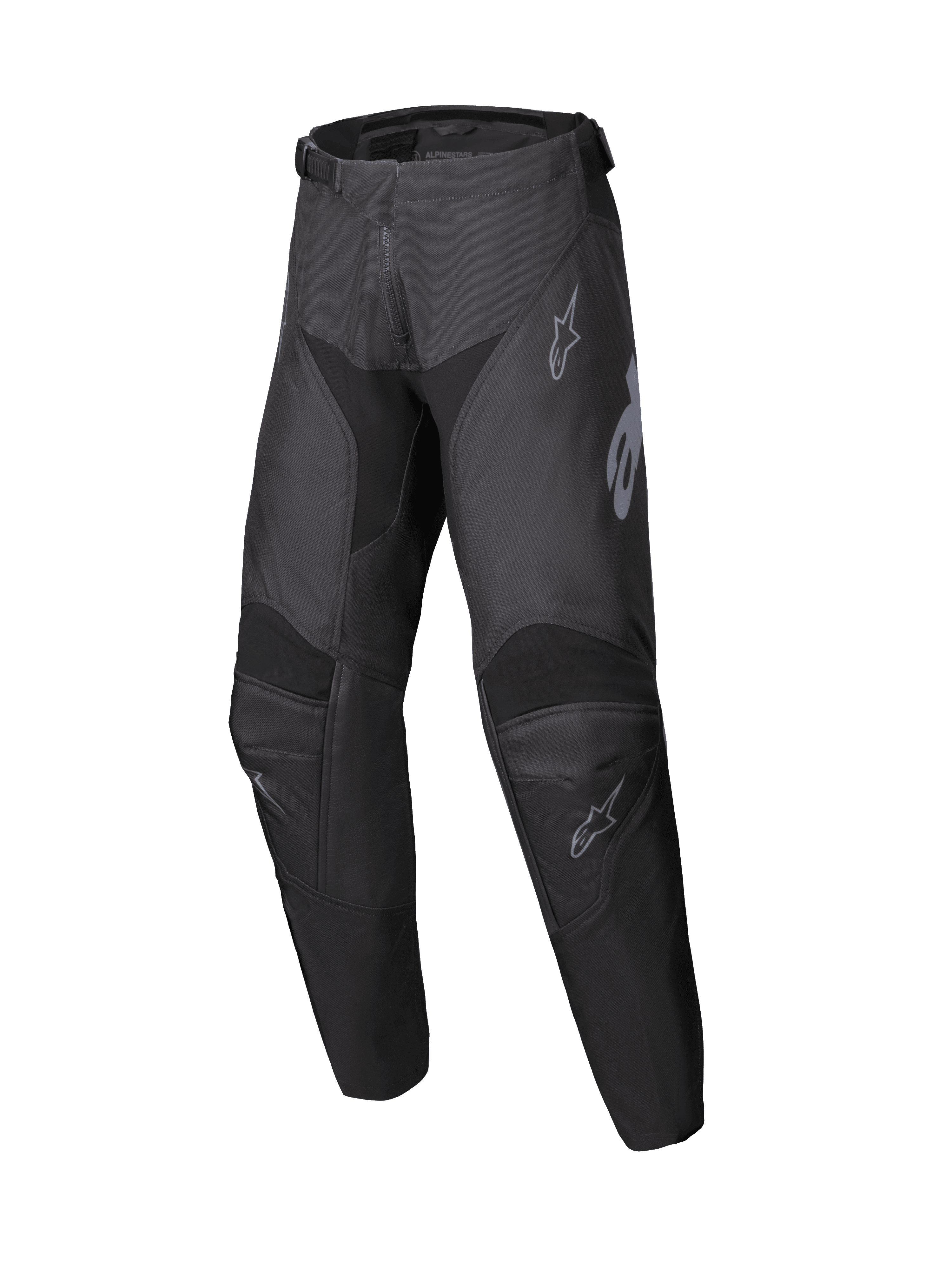 Alpinestars Youth Racer Graphite Pants 2025, pantaloni da motocross in nero e grigio, abbigliamento off-road per ragazzi con zone delle ginocchia rinforzate e loghi grigi discreti, design ergonomico resistente
