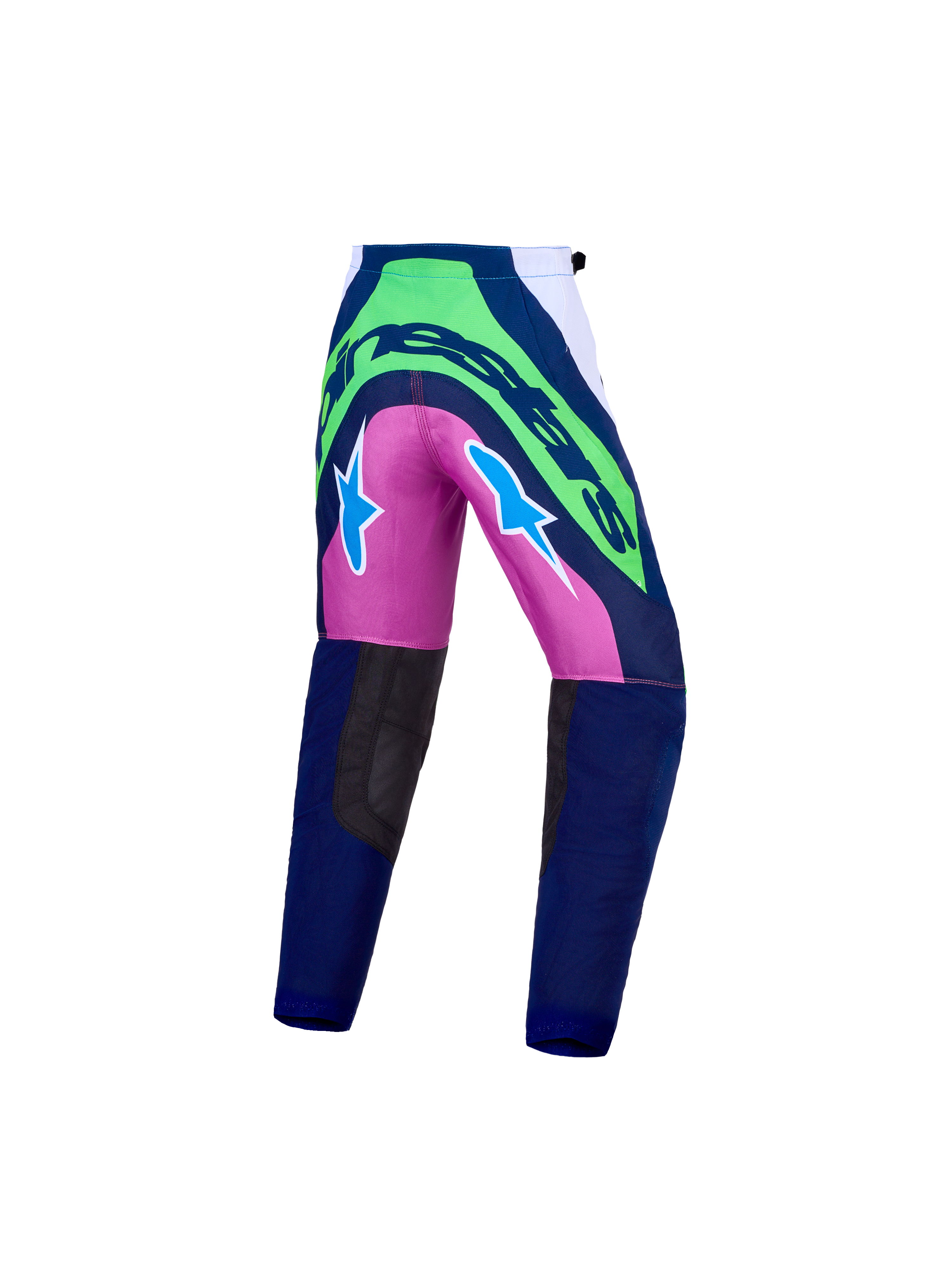 Alpinestars Pantaloni Supertech Maven Ragazzo, pantaloni motocross blu, verdi e rosa, in tessuto rip-stop resistente.