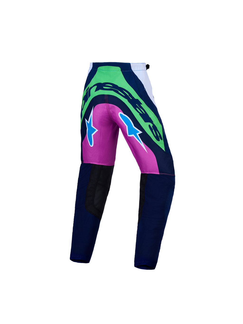 Alpinestars Pantaloni Supertech Maven Ragazzo AND Ragazzo Supertech Maven Gear Set, pantaloni da motocross per ragazzi, blu e verde fluo con inserti viola, vestibilità atletica e tessuto elasticizzato per fuoristrada.