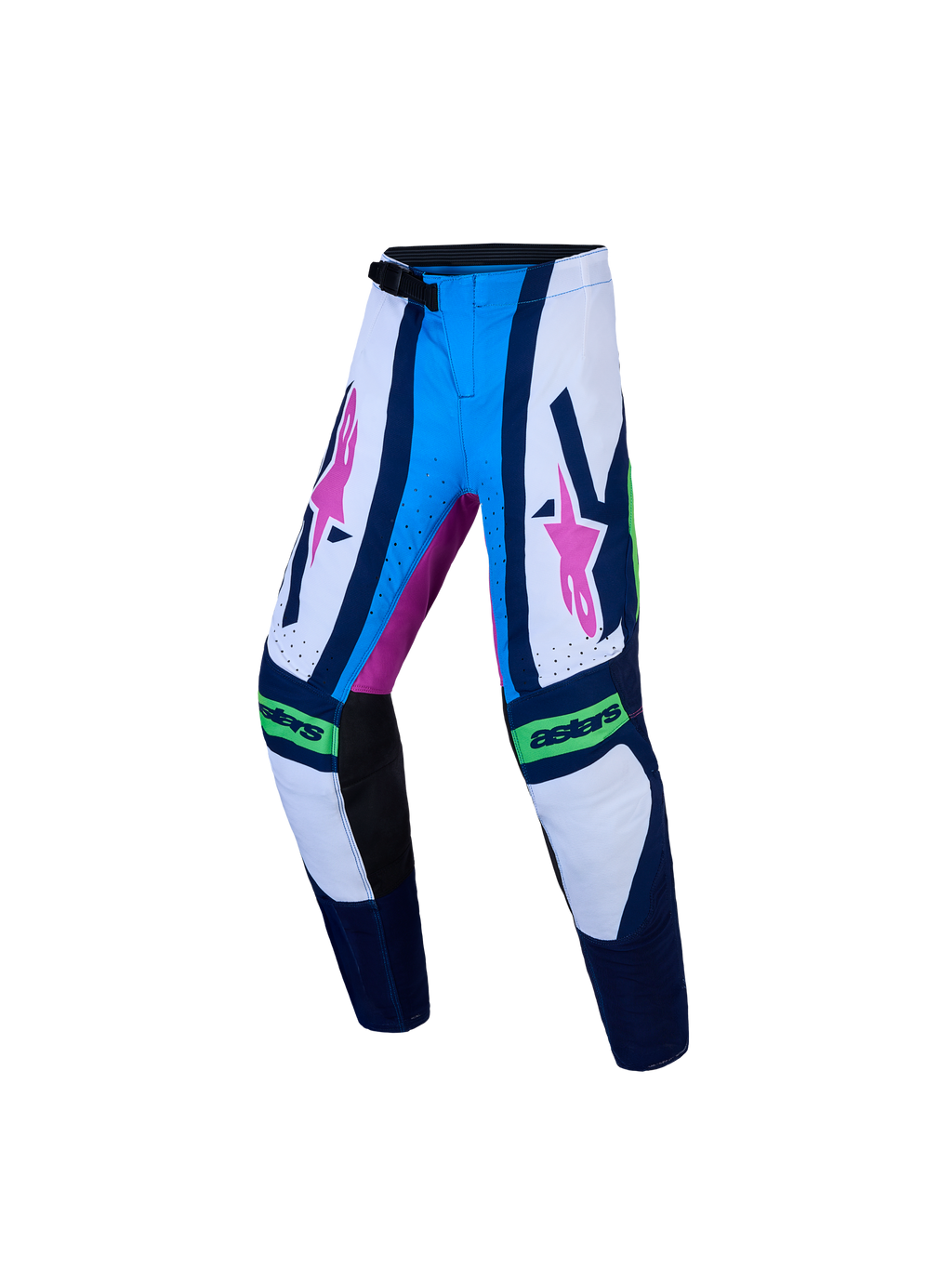 Alpinestars Pantaloni Supertech Maven Ragazzo, pantaloni da motocross blu e bianchi con dettagli rosa e chiusura a cricchetto.