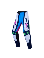 Alpinestars Pantaloni Supertech Maven Ragazzo, pantaloni da motocross blu e bianchi con dettagli rosa e chiusura a cricchetto.