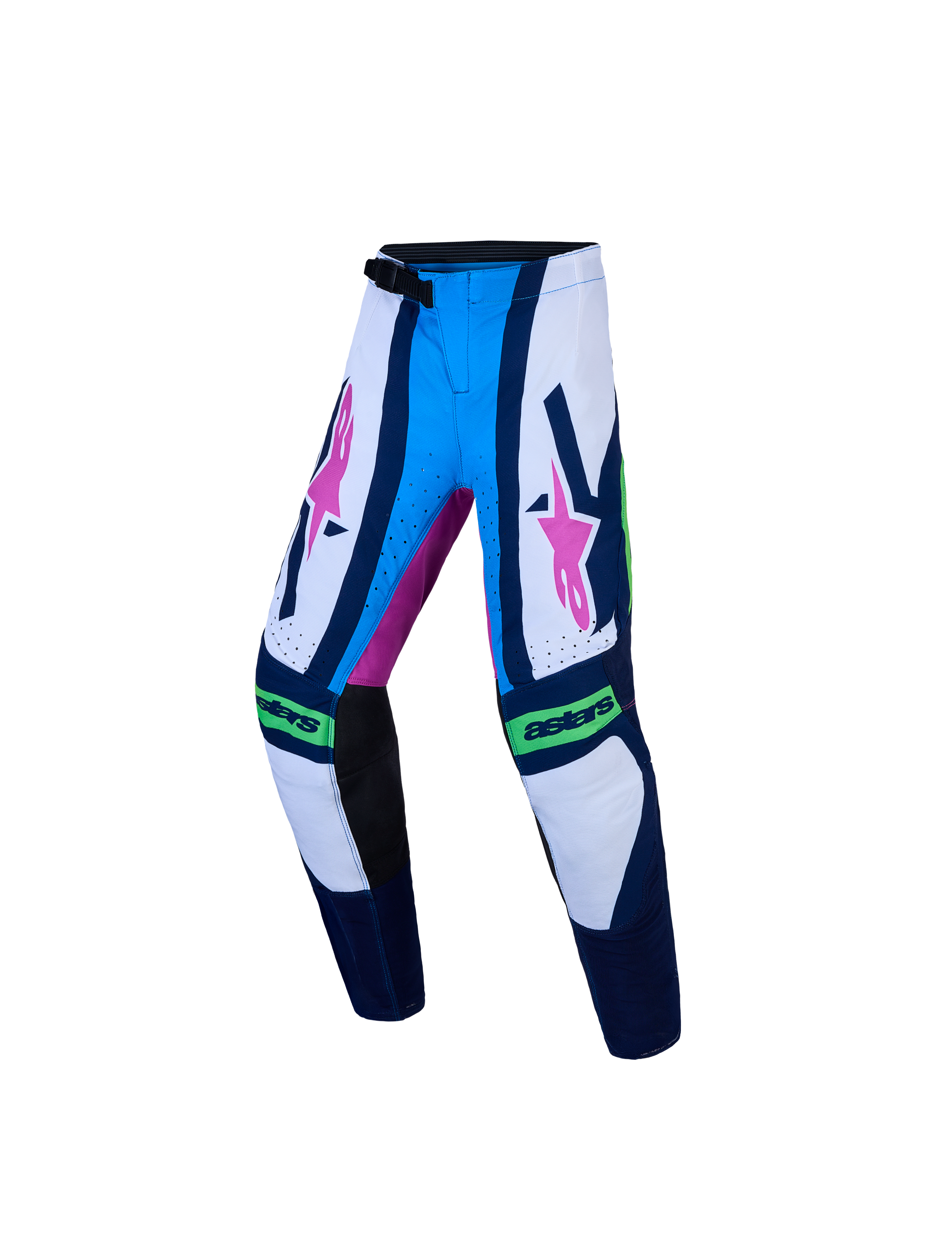 Alpinestars Pantaloni Supertech Maven Ragazzo, pantaloni da motocross blu e bianchi con dettagli rosa e chiusura a cricchetto.