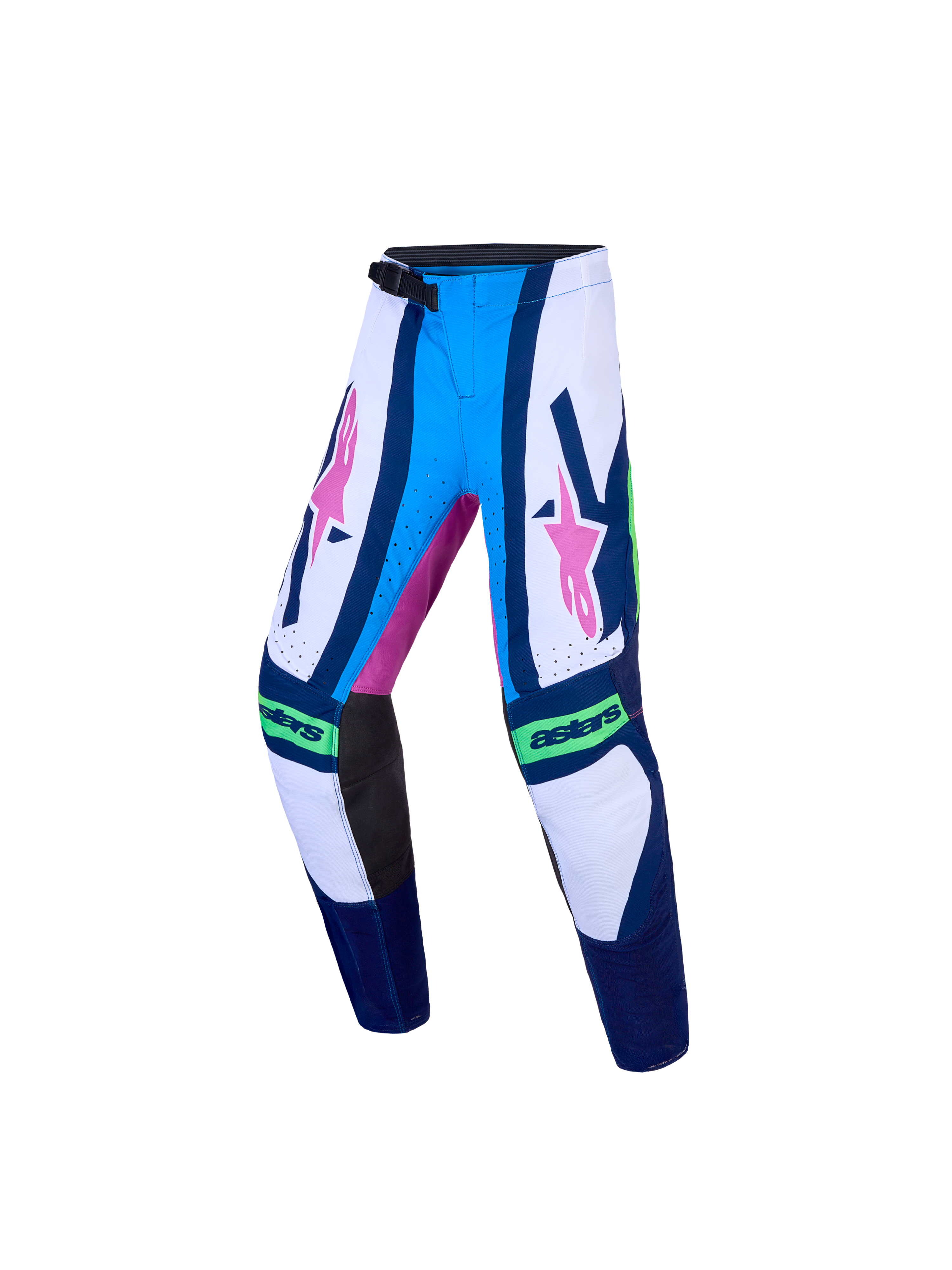 Alpinestars Pantaloni Supertech Maven Ragazzo, pantaloni motocross blu e bianchi, grafiche rosa, vestibilità atletica stretch