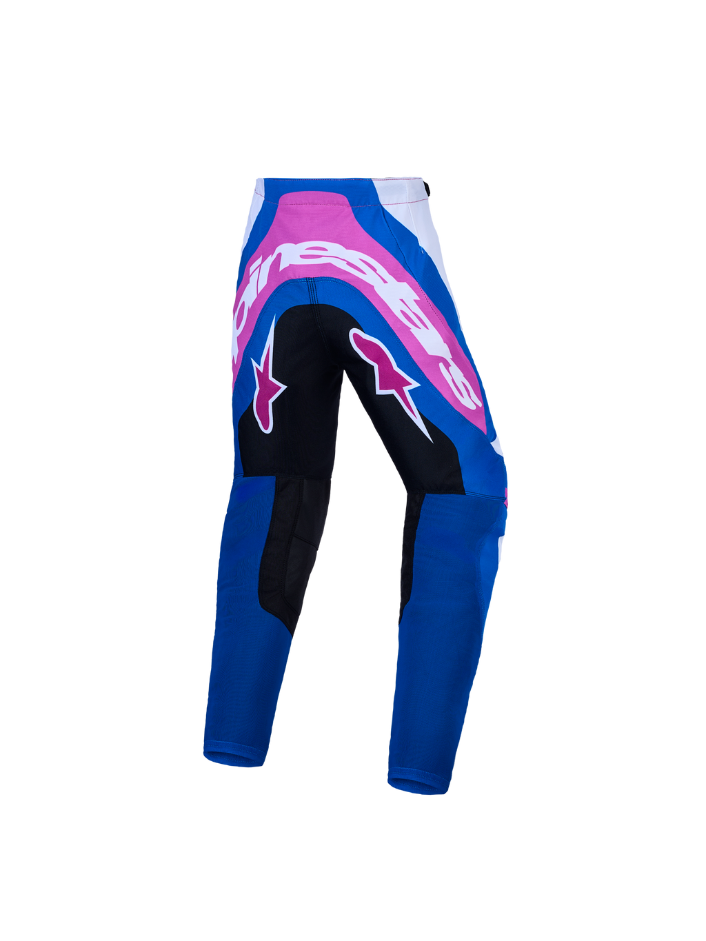 Alpinestars pantaloni Supertech Maven ragazzo, abbigliamento da motocross blu e rosa con seduta rinforzata, vista posteriore