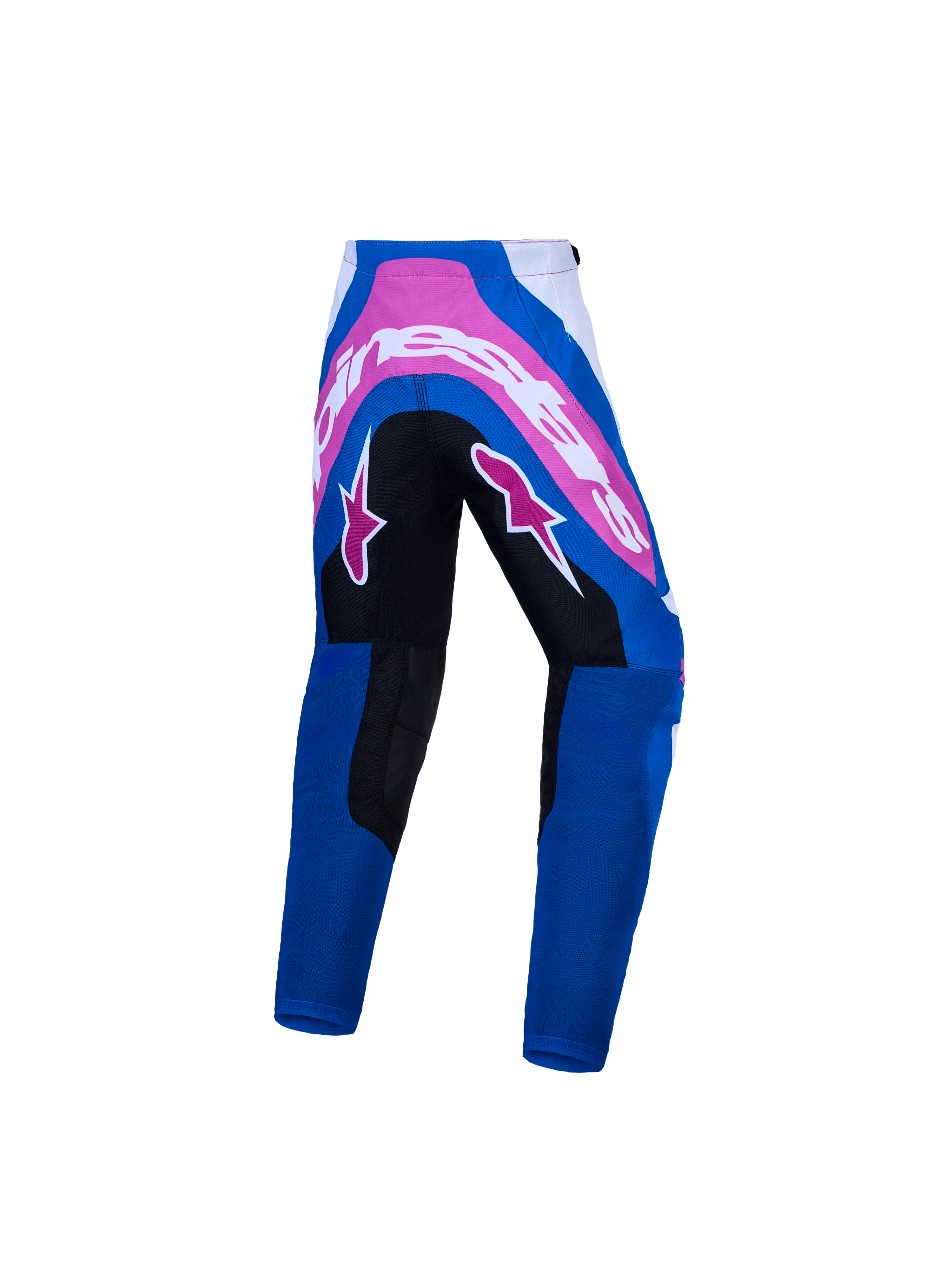 Alpinestars pantaloni Supertech Maven ragazzo, abbigliamento da motocross blu e rosa con seduta rinforzata, vista posteriore