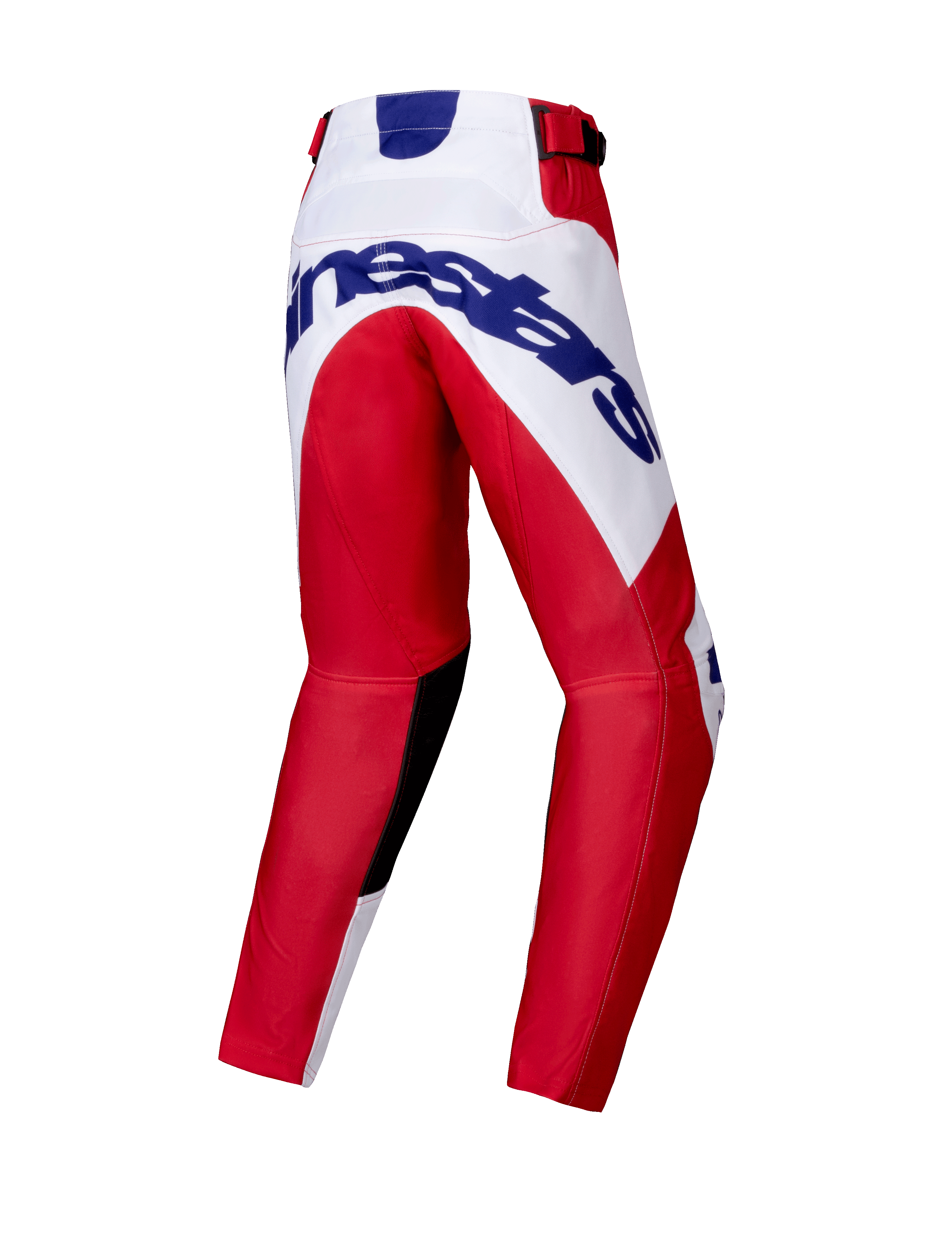 Alpinestars pantaloni Youth Racer Veil 2025, pantaloni da motocross per ragazzi, rosso e bianco, vista posteriore con grande logo Alpinestars blu sulla seduta, design delle gambe precurvato, pannelli interni neri sulle ginocchia e chiusura a cricchetto in vita.