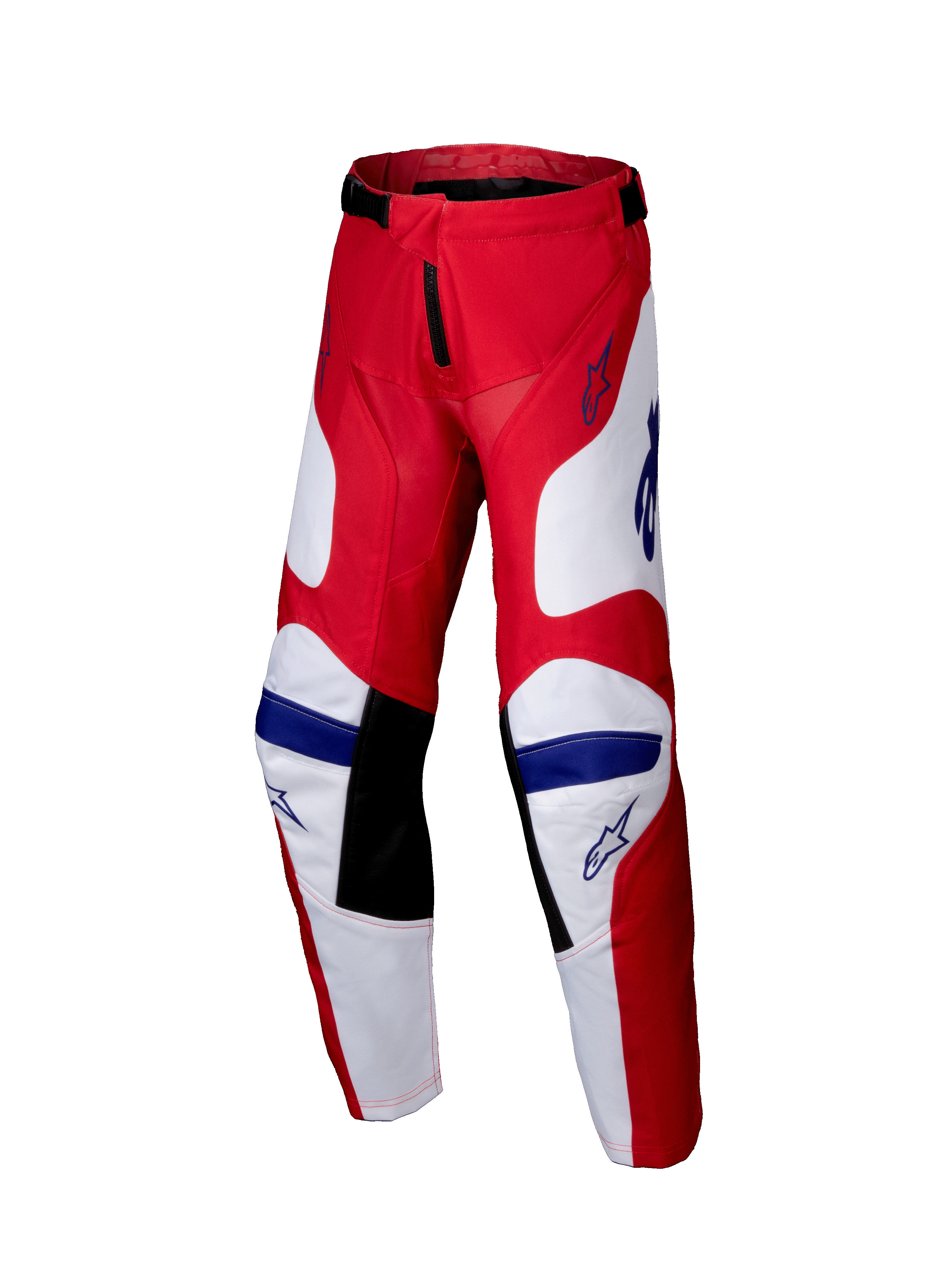 Alpinestars Youth Racer Veil Pants 2025, pantaloni da motocross per ragazzi, rosso acceso e bianco con dettagli blu, con pannelli interni neri sulle ginocchia, design ergonomico precurvato e politessuto resistente per gare fuoristrada.