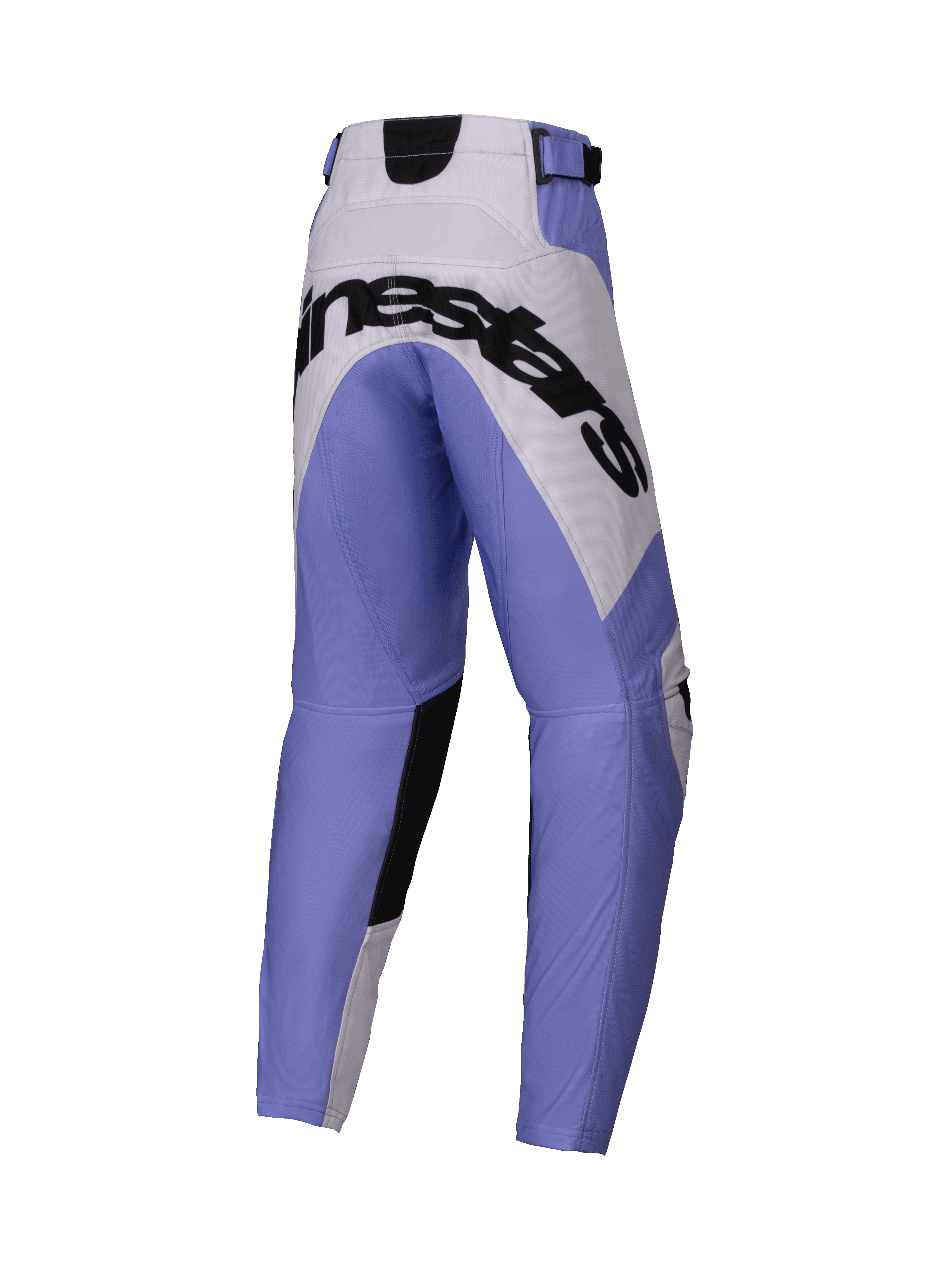 Alpinestars pantaloni Youth Racer Veil 2025, pantaloni da motocross, viola, bianco e nero, grande marchio Alpinestars nero sulla seduta, design sportivo con pannelli rinforzati, materiale resistente per corse fuoristrada