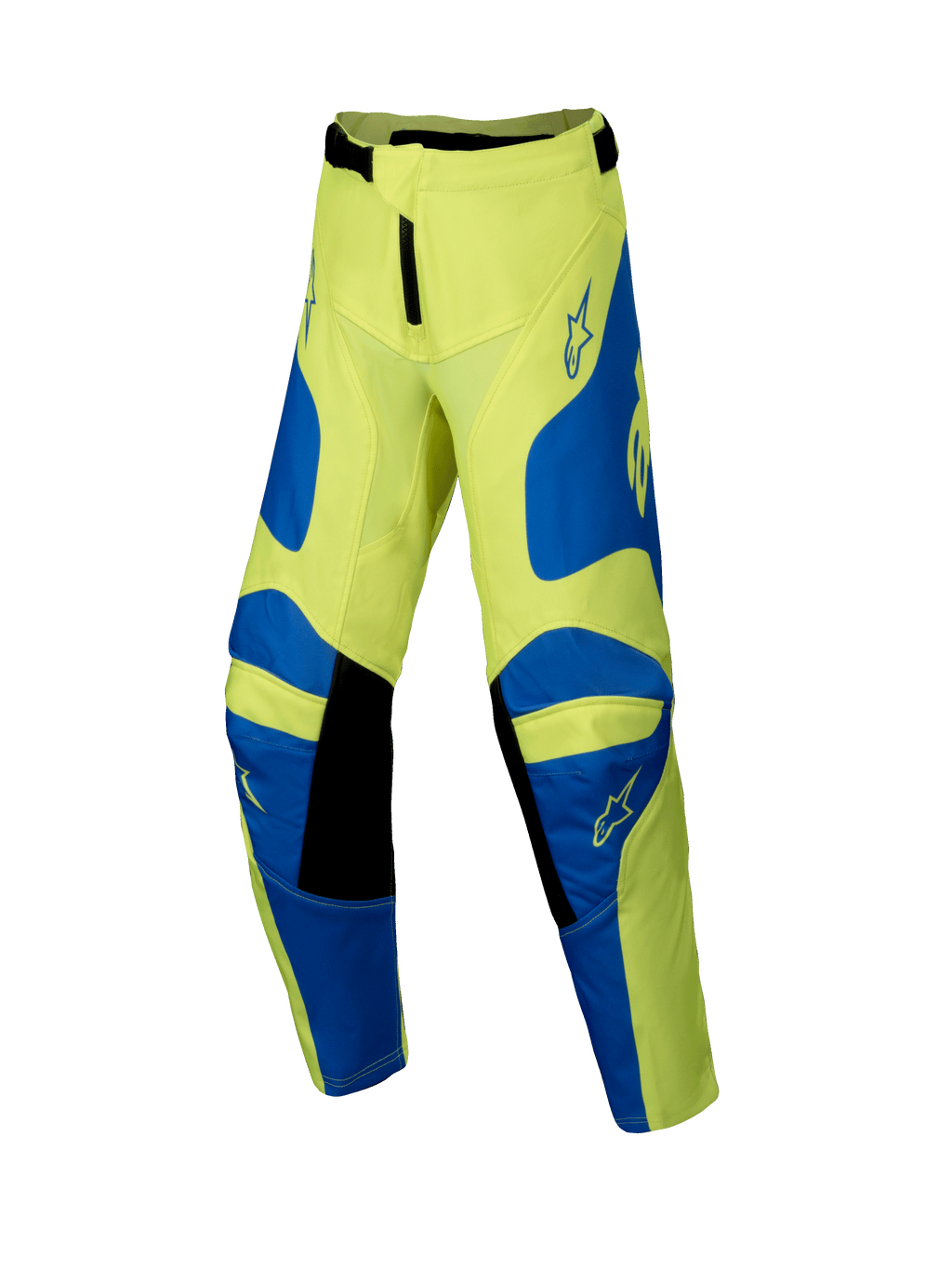 Alpinestars pantaloni Youth Racer Veil 2025, pantaloni da motocross, giallo fluorescente e blu con dettagli neri, abbigliamento per ragazzi, con loghi a stella su cosce e ginocchia, design ergonomico precurvato per corse fuoristrada