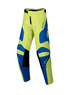 Alpinestars pantaloni Youth Racer Veil 2025, pantaloni da motocross, giallo fluorescente e blu con dettagli neri, abbigliamento per ragazzi, con loghi a stella su cosce e ginocchia, design ergonomico precurvato per corse fuoristrada