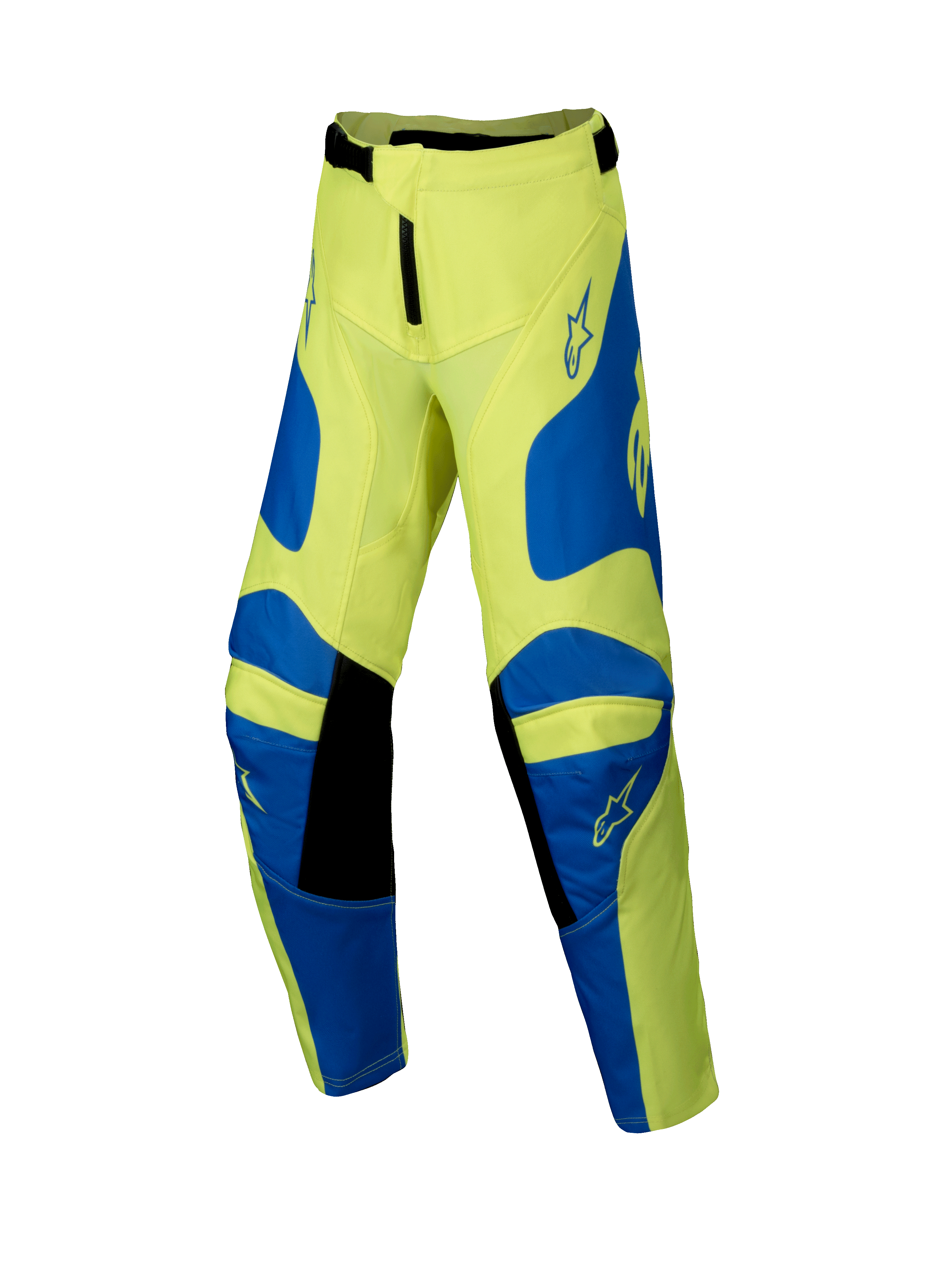 Alpinestars pantaloni Youth Racer Veil 2025, pantaloni da motocross, giallo fluorescente e blu con dettagli neri, abbigliamento per ragazzi, con loghi a stella su cosce e ginocchia, design ergonomico precurvato per corse fuoristrada
