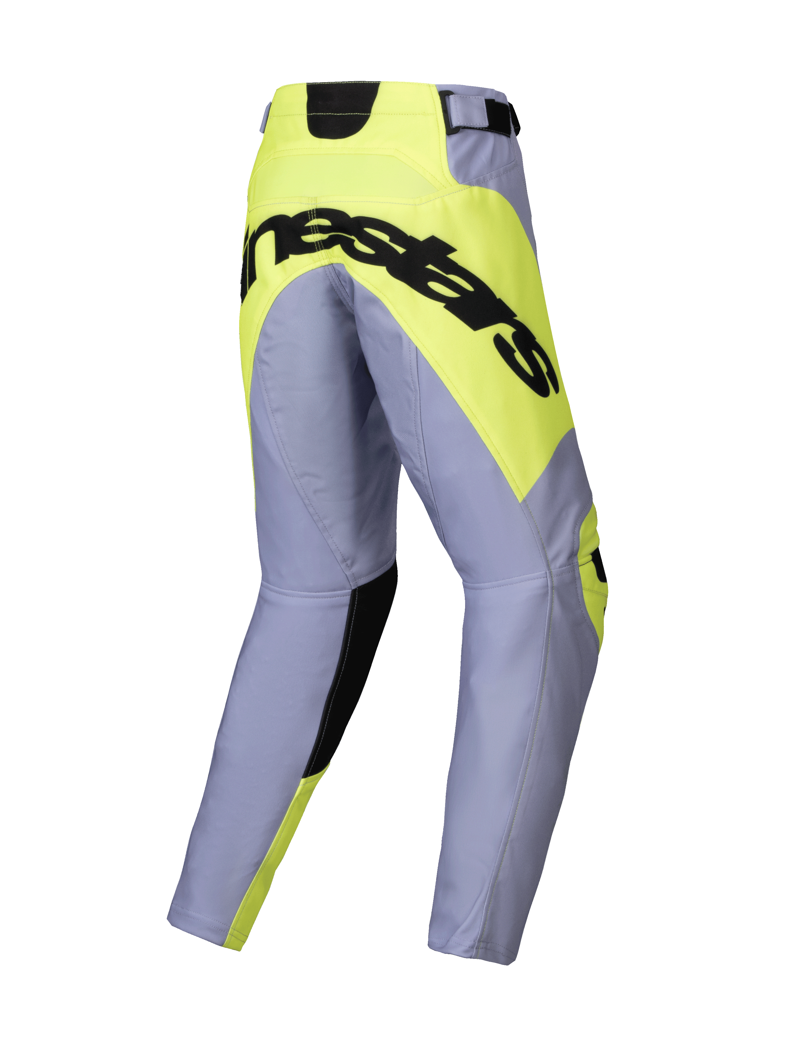 Alpinestars pantaloni Youth Racer Veil 2025, pantaloni da motocross, grigio e giallo fluo, vista posteriore con logo Alpinestars nero su pannello della seduta giallo neon, costruzione della gamba pre-curvata per corse off-road