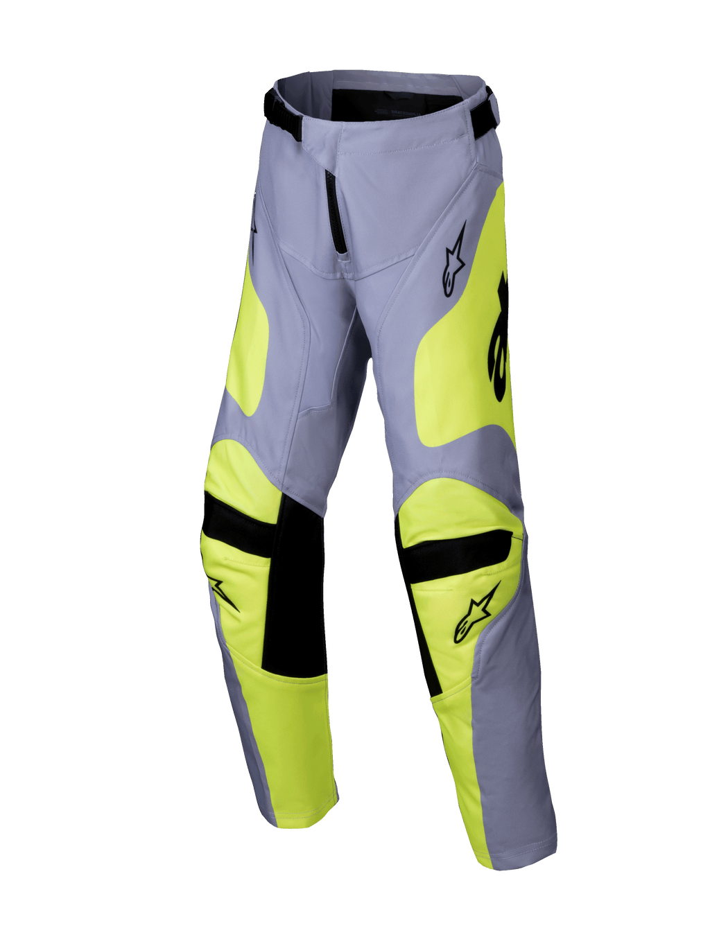 Alpinestars pantaloni Youth Racer Veil 2025, pantaloni da motocross, grigio e giallo fluo, accenti neri sulle ginocchia e in vita, design sportivo con gambe pre-curvate e loghi, abbigliamento da gara off-road resistente