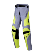Alpinestars pantaloni Youth Racer Veil 2025, pantaloni da motocross, grigio e giallo fluo, accenti neri sulle ginocchia e in vita, design sportivo con gambe pre-curvate e loghi, abbigliamento da gara off-road resistente