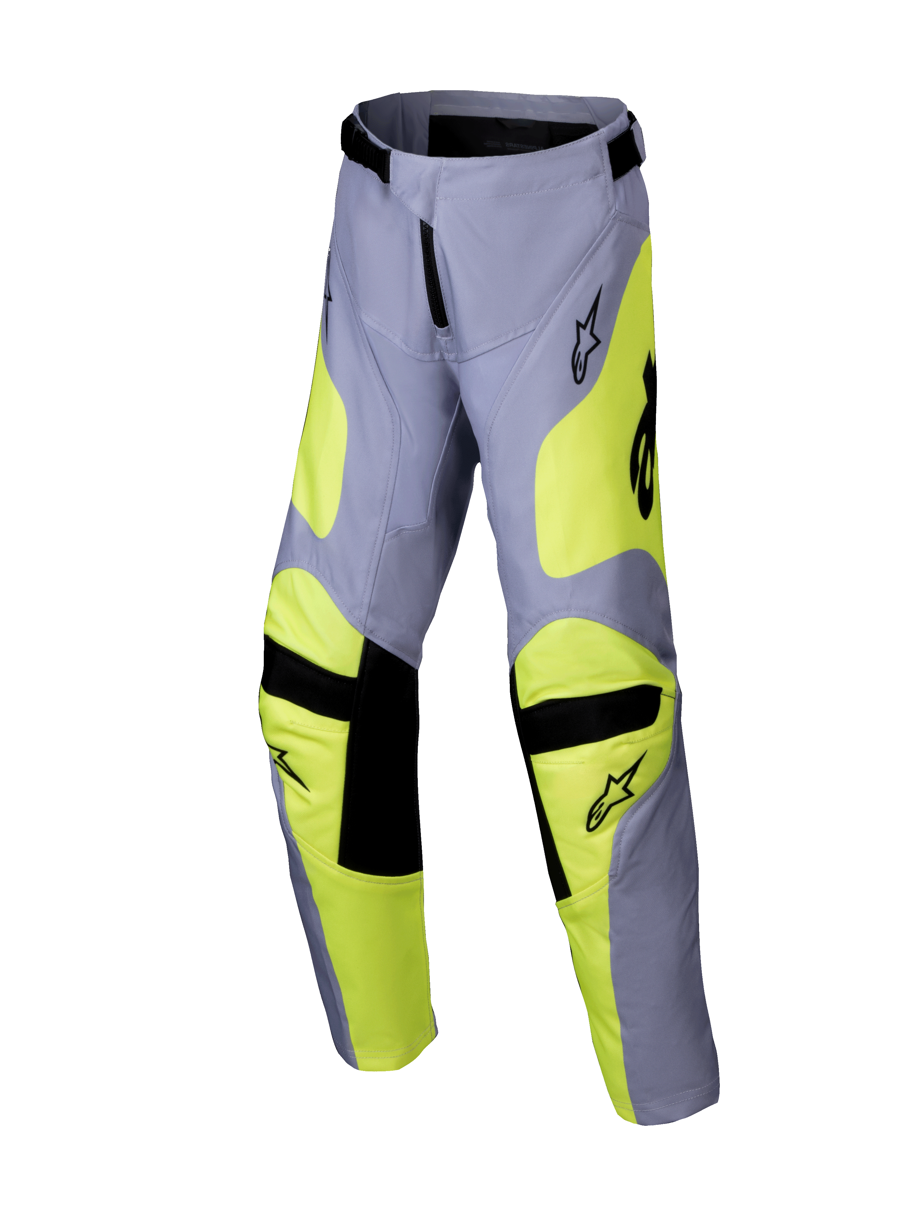 Alpinestars pantaloni Youth Racer Veil 2025, pantaloni da motocross, grigio e giallo fluo, accenti neri sulle ginocchia e in vita, design sportivo con gambe pre-curvate e loghi, abbigliamento da gara off-road resistente