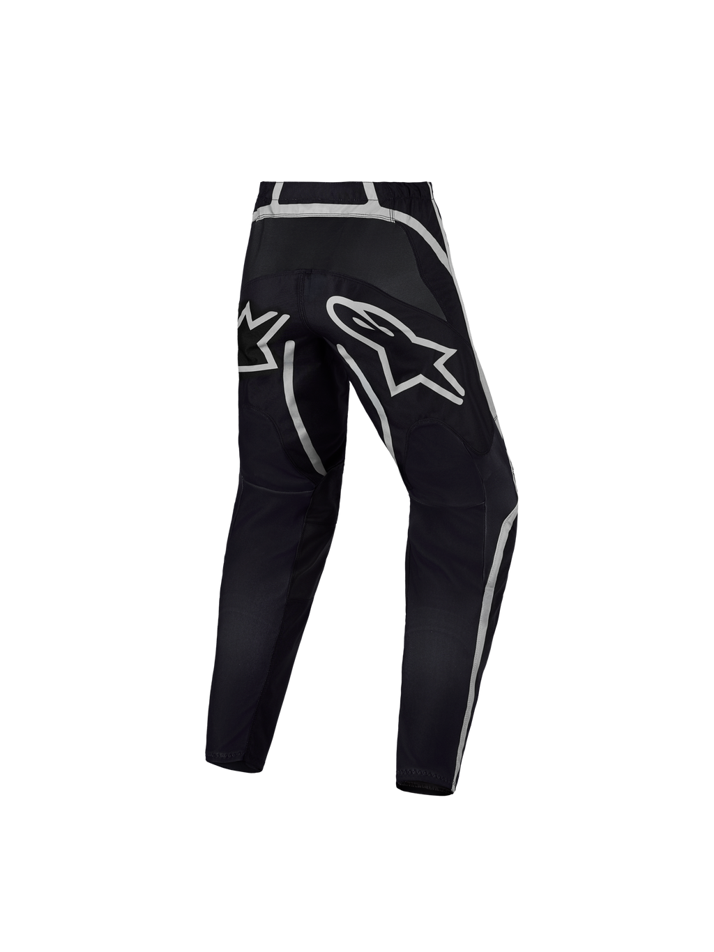 Alpinestars Pantaloni Fluid Apex V2 Ragazzo, pantaloni da motocross per ragazzi, neri e argento, vista posteriore con costruzione ergonomica e grande logo a stella, abbigliamento tecnico da fuoristrada