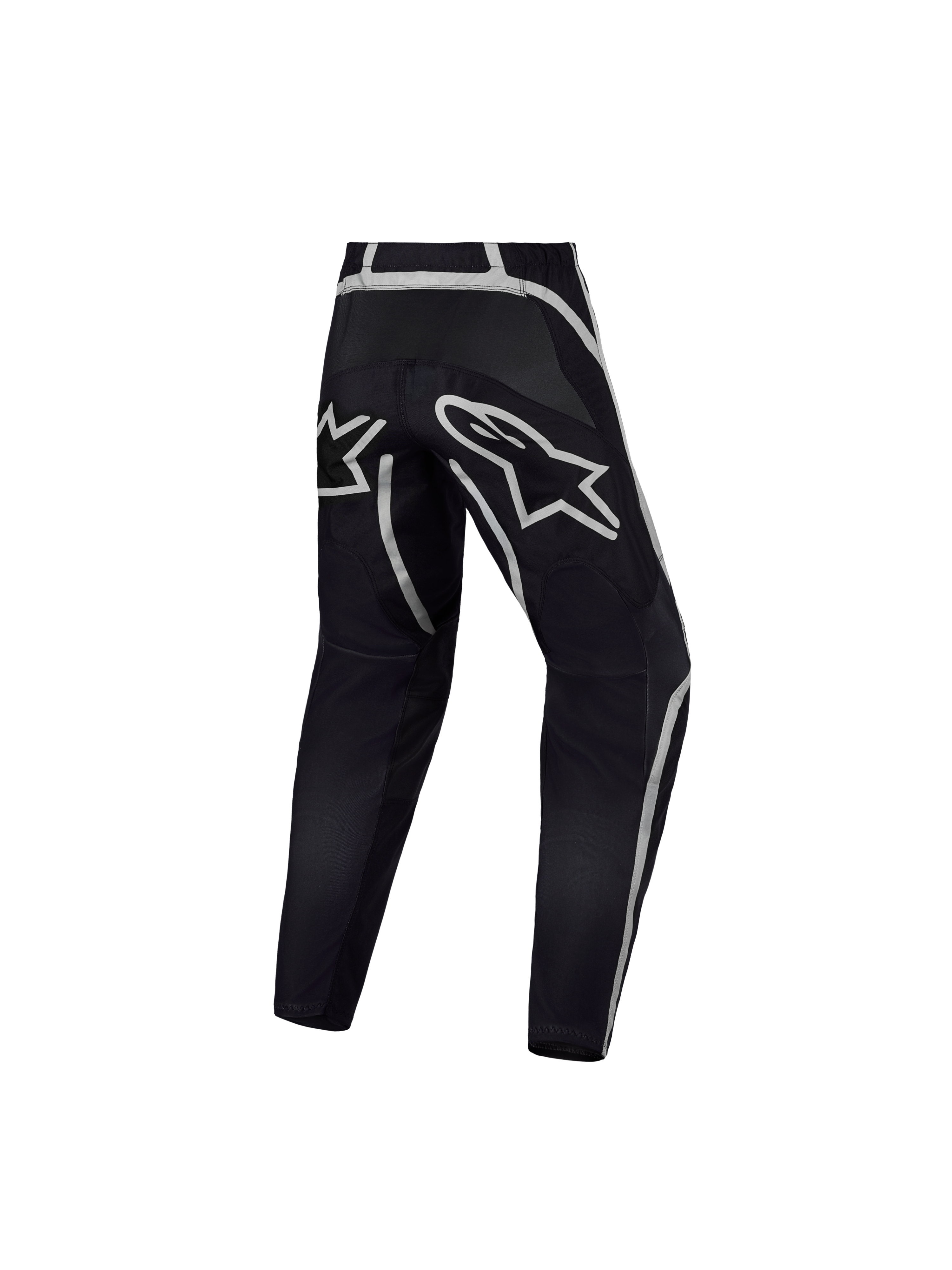 Alpinestars Pantaloni Fluid Apex V2 Ragazzo, pantaloni da motocross per ragazzi, neri e argento, vista posteriore con costruzione ergonomica e grande logo a stella, abbigliamento tecnico da fuoristrada