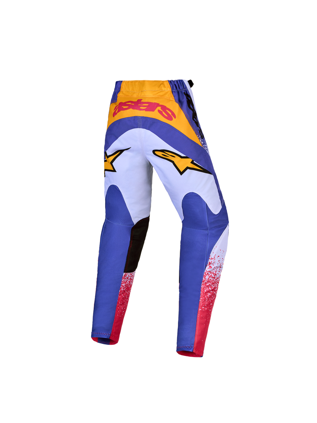 Alpinestars Pantaloni Fluid Drag Ragazzo 2027, pantaloni da motocross blu e oro, vista posteriore con vestibilità ergonomica precurvata e rinforzi in poliestere 600D per giovani piloti.