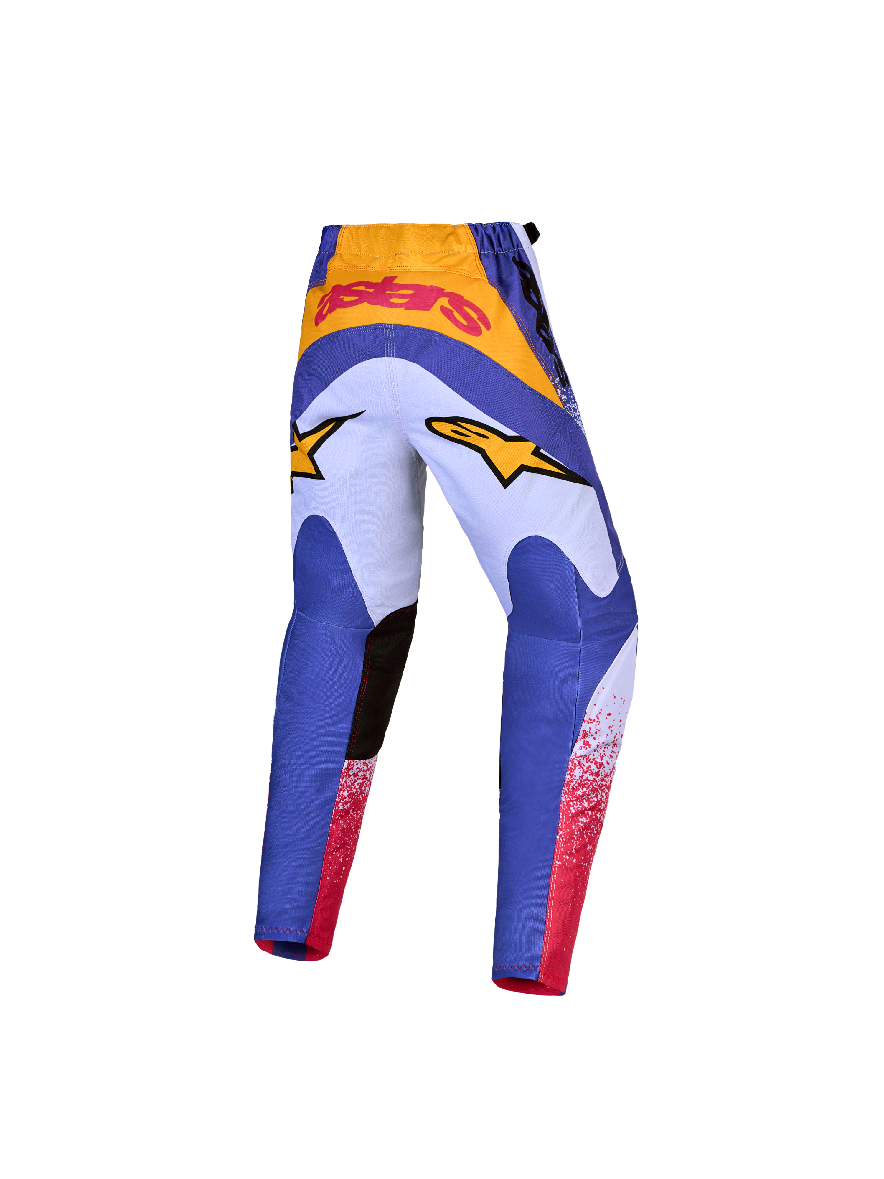 Alpinestars Pantaloni Fluid Drag Ragazzo 2027, pantaloni da motocross blu e oro, vista posteriore con vestibilità ergonomica precurvata e rinforzi in poliestere 600D per giovani piloti.