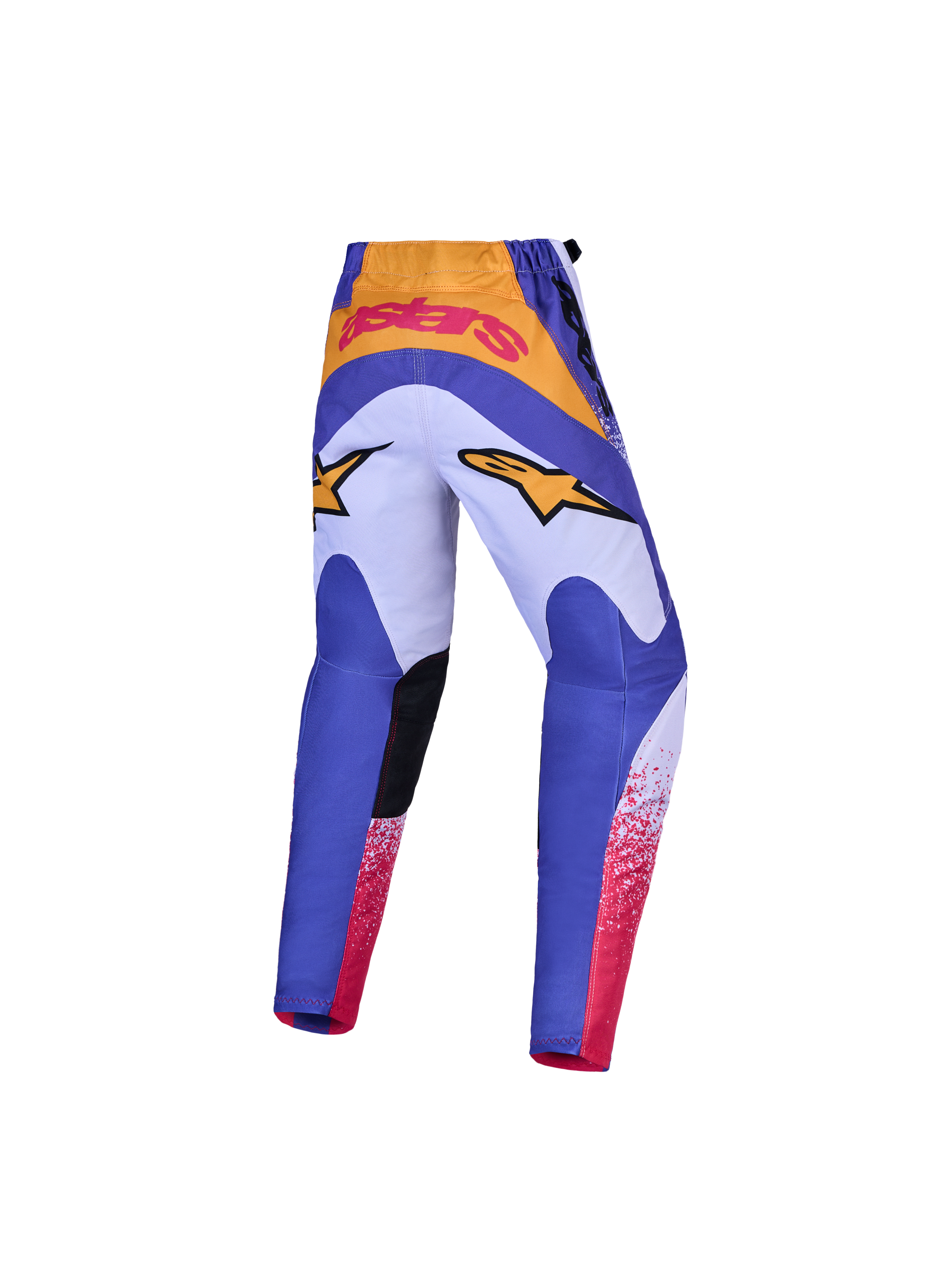 Alpinestars Pantaloni Fluid Drag Ragazzo, pantaloni da motocross per ragazzi, blu e lilla con dettagli oro e rosa, seduta rinforzata in poliestere 600D, vestibilità sportiva per off-road.