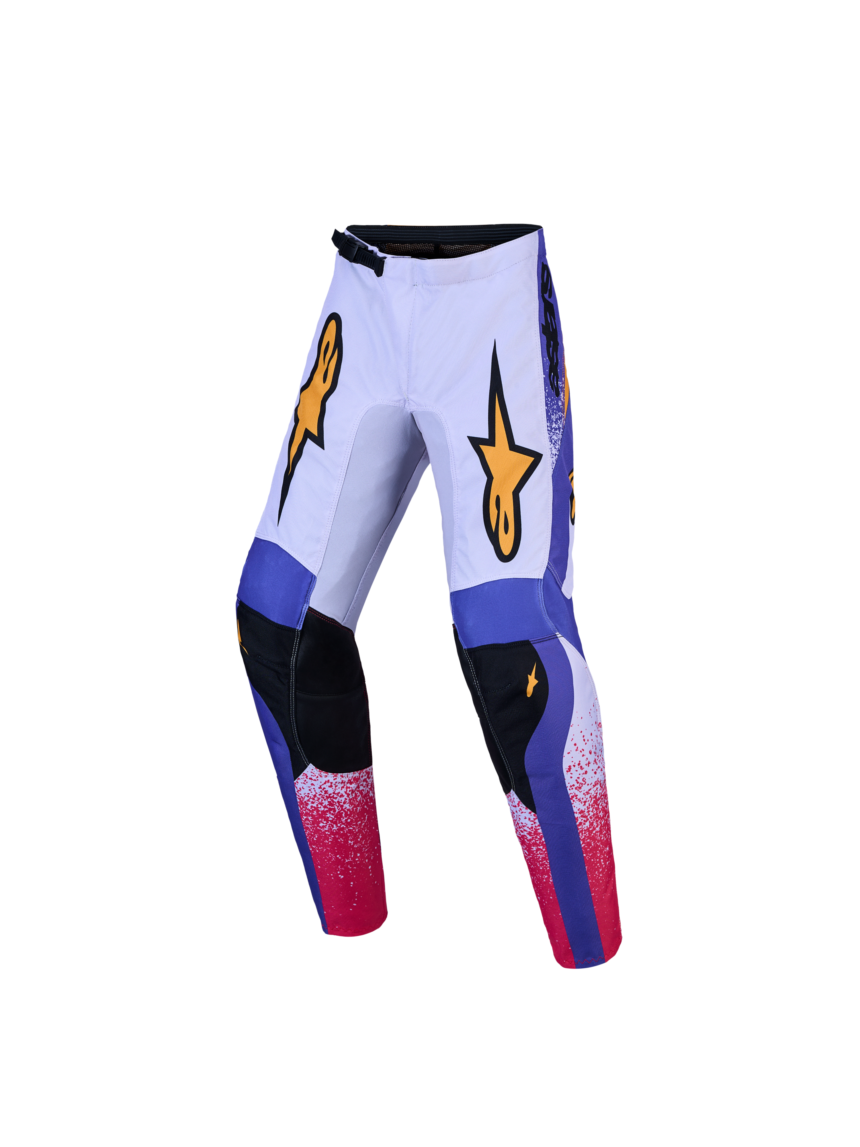 Alpinestars Pantaloni Fluid Drag ragazzo, pantaloni da motocross ed off-road, lilla e blu iris con loghi gialli, in poliestere 600D con chiusura a cricchetto