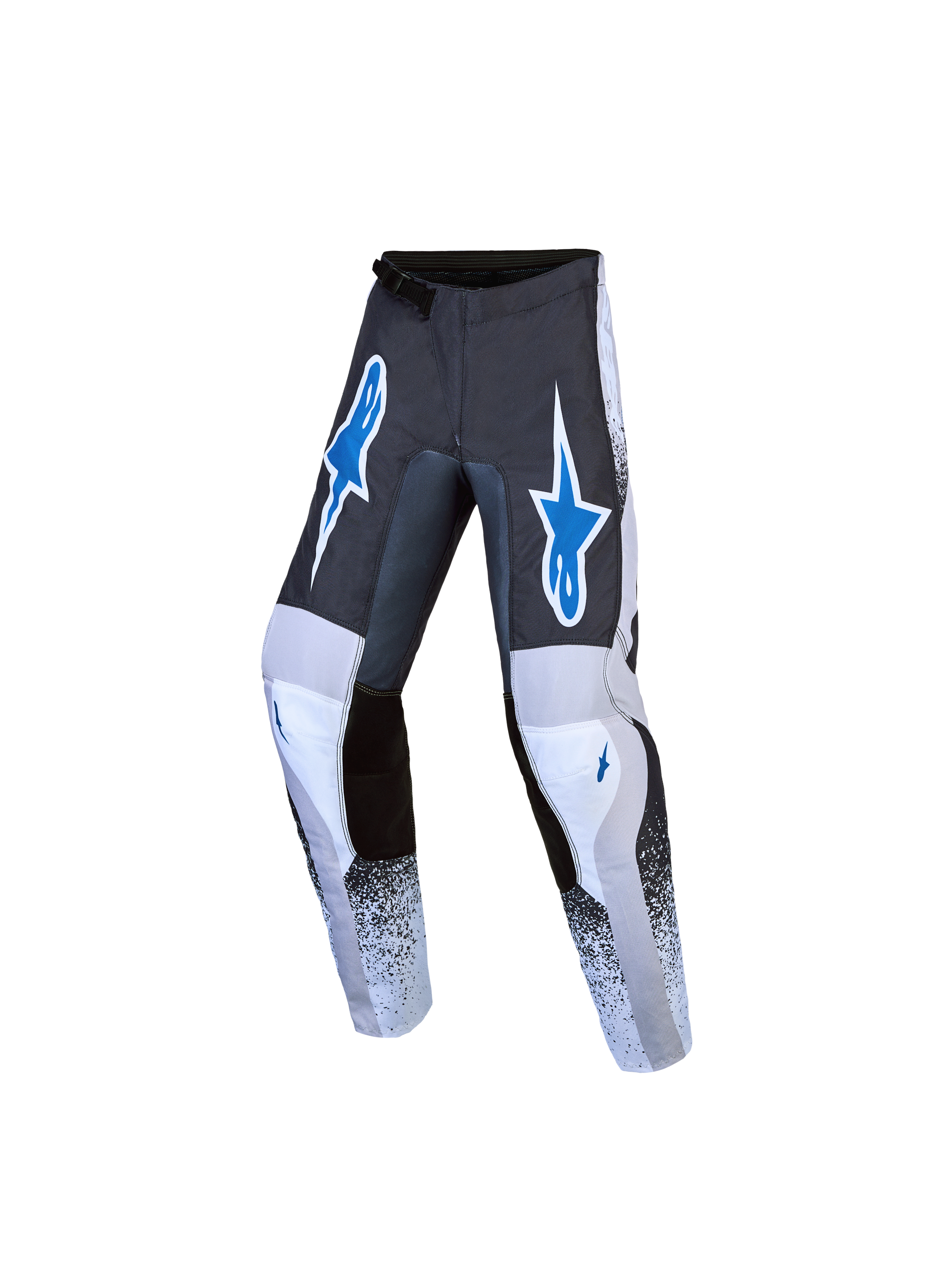 Alpinestars Pantaloni Fluid Drag ragazzo 2027, pantaloni motocross per giovani piloti, grigi e blu, design pre-curvato resistente.
