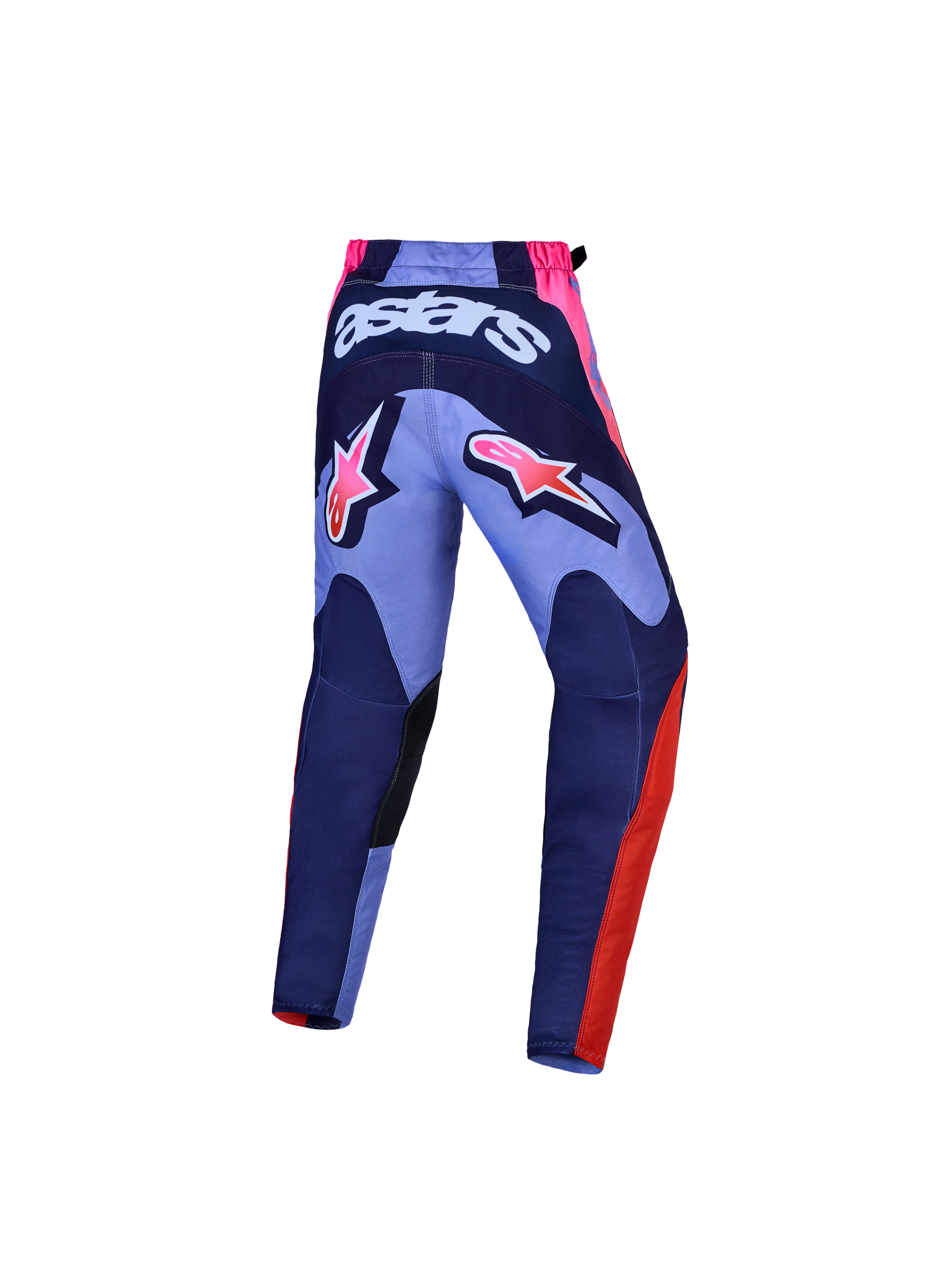 Alpinestars Pantaloni Fluid Hunt Ragazzo, pantaloni da motocross, viola, blu e rossi, vista posteriore con logo astars, in poliestere 600D resistente.