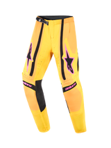 Alpinestars 2026 Youth Supertech Nomur Pants, Motocross Pants, Orange Yellow and Pink, featuring black stripes, pink Alpinestars logos on thighs and knees, ratchet waist closure, durable textile design for off-road racing