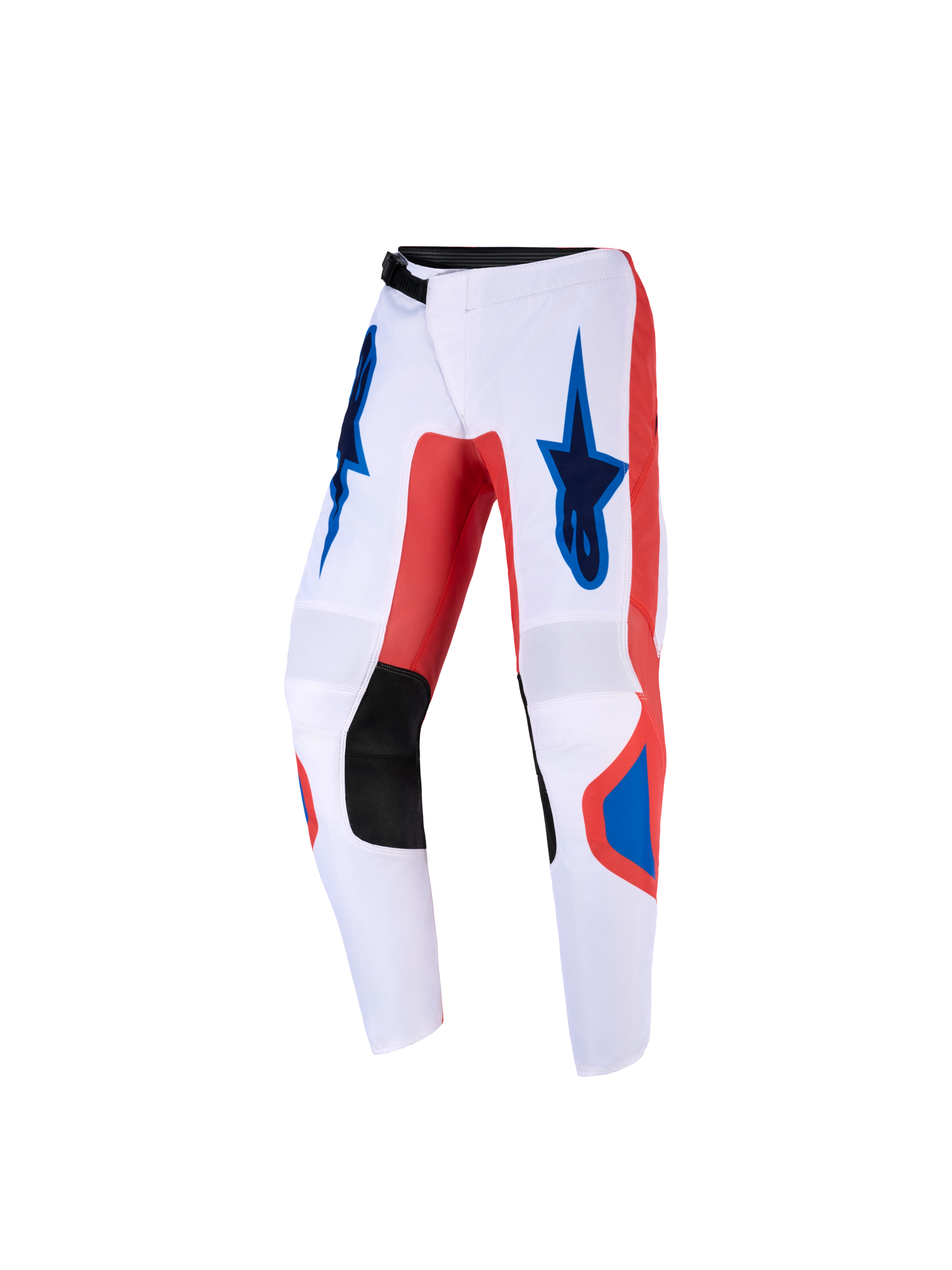 Pantaloni Alpinestars Youth Fluid Grid 2026, pantaloni da motocross per ragazzi, arancione e blu UCLA su base bianca, con pannelli interni alle ginocchia in pelle sintetica nera e loghi Alpinestars sulle cosce, design ergonomico pre-curvato per guida off-road.