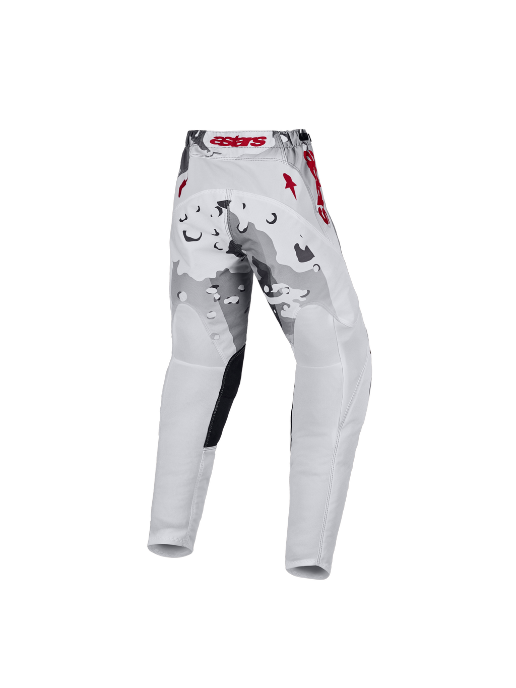 Alpinestars Pantaloni Fluid Lone Ragazzo 2027, pantaloni motocross, bianco, grigio camouflage e rosso, vista posteriore.