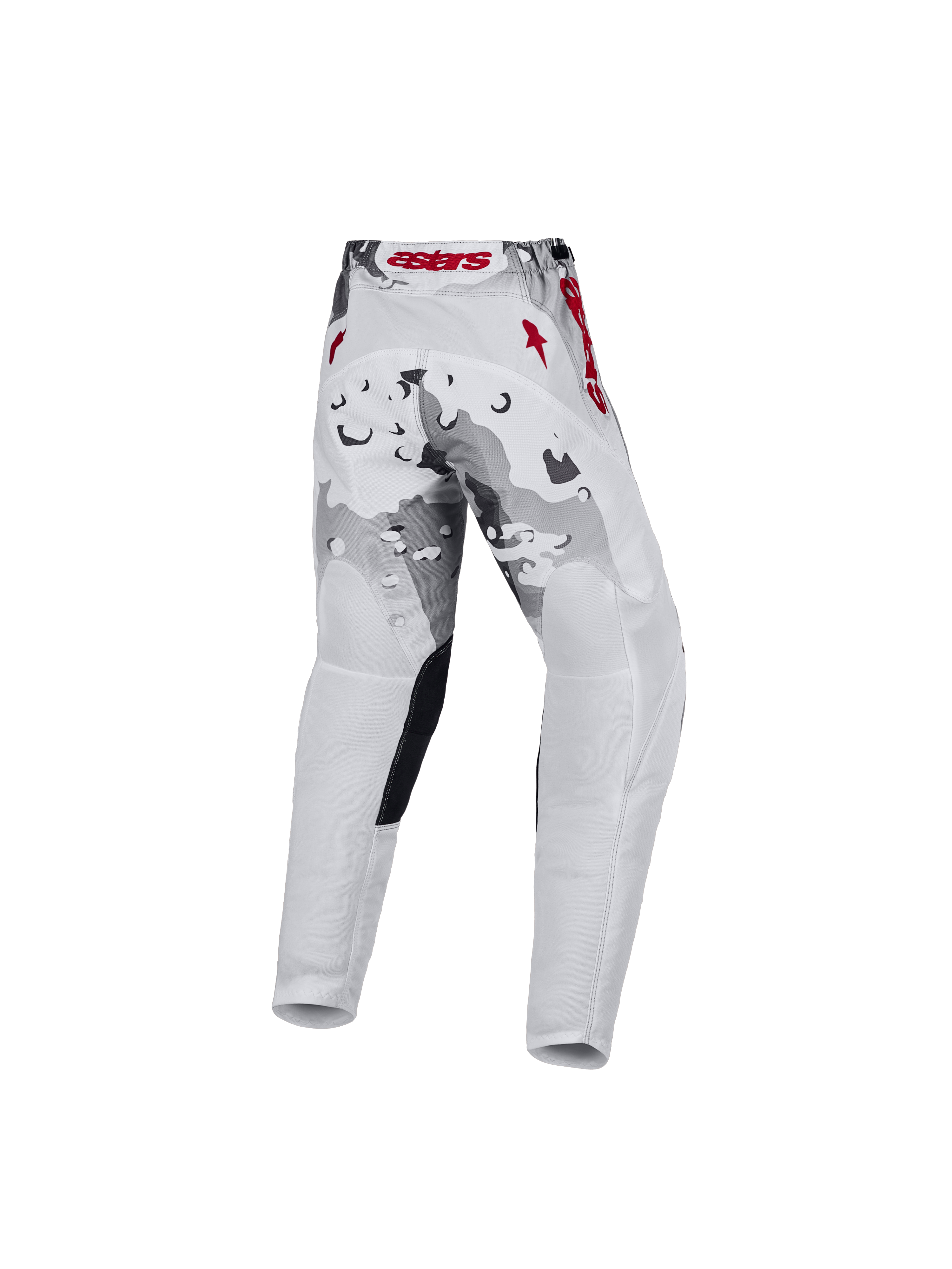 Alpinestars Pantaloni Fluid Lone Ragazzo 2027, pantaloni motocross, bianco, grigio camouflage e rosso, vista posteriore.