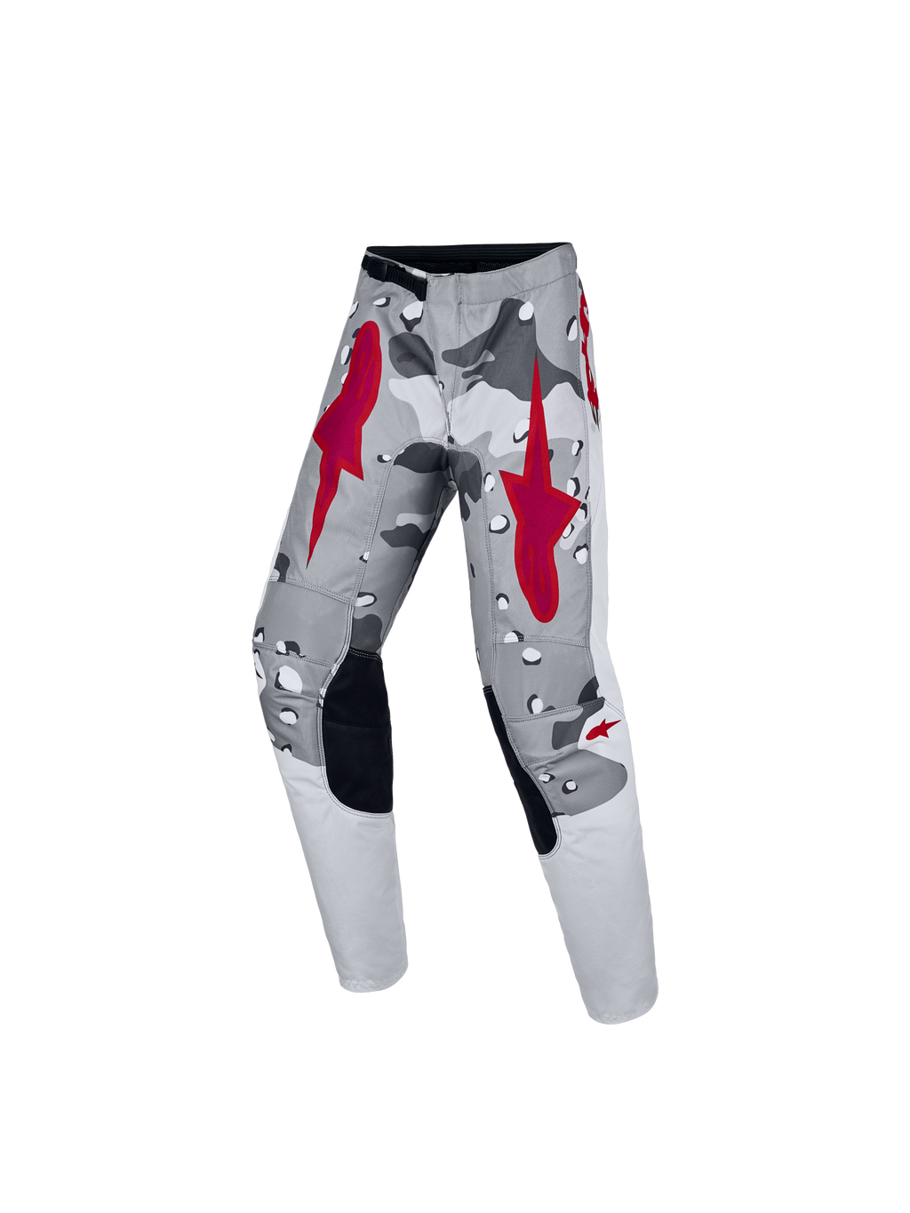 Alpinestars Pantaloni Fluid Lone Ragazzo, pantaloni da motocross grigio camo e rosso, vestibilità ergonomica fuoristrada.