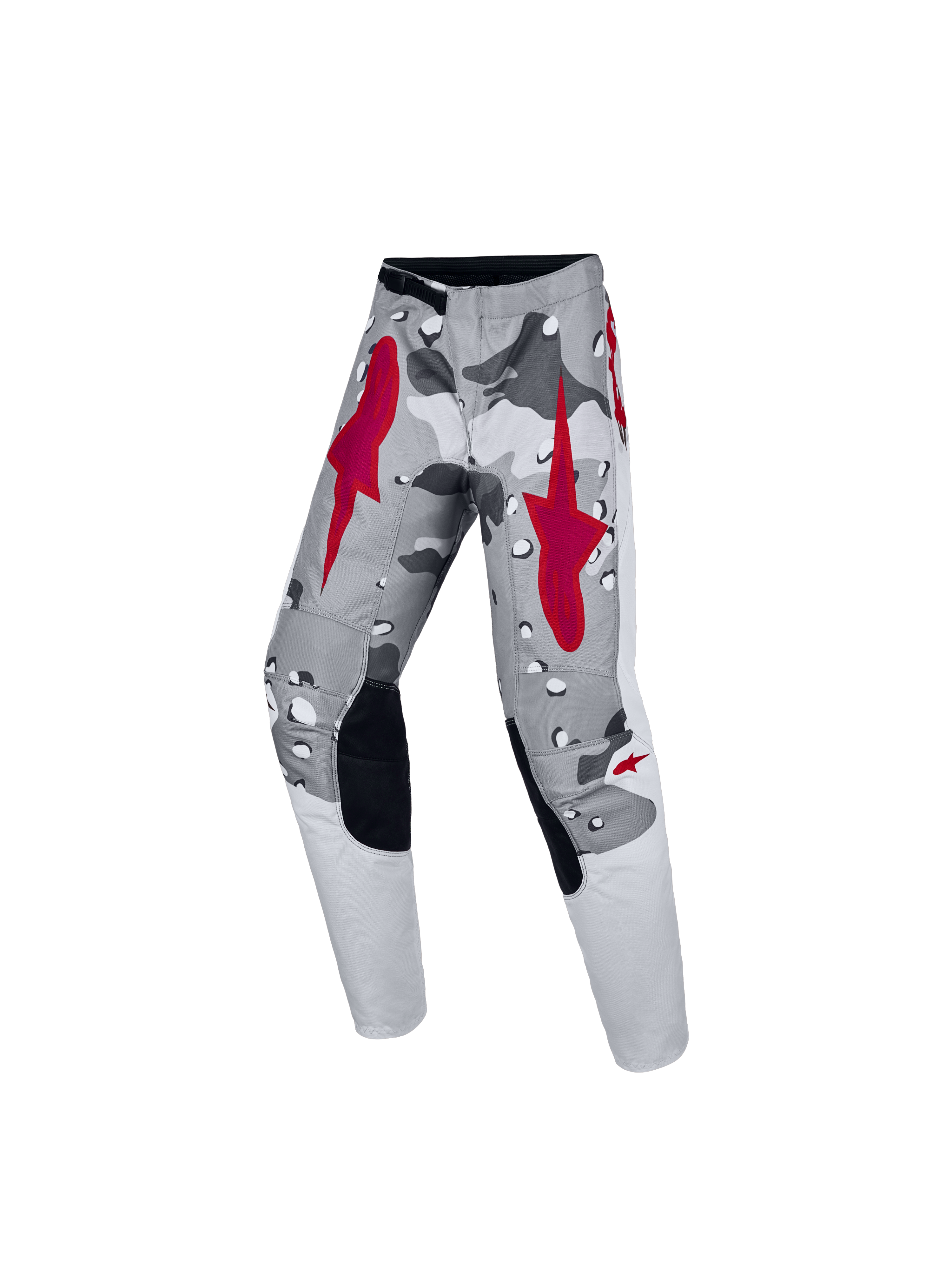Alpinestars Pantaloni Fluid Lone Ragazzo, pantaloni da motocross grigio camo e rosso, vestibilità ergonomica fuoristrada.