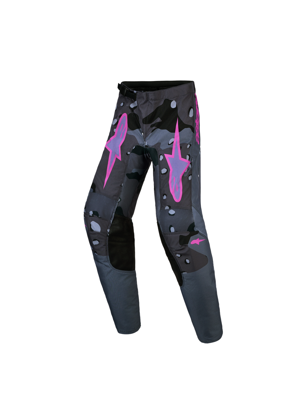 Alpinestars Pantaloni Fluid Lone Ragazzo, pantaloni da motocross e off-road, grigio camo e viola, in polifabric resistente con rinforzi in pelle sintetica e design ergonomico.