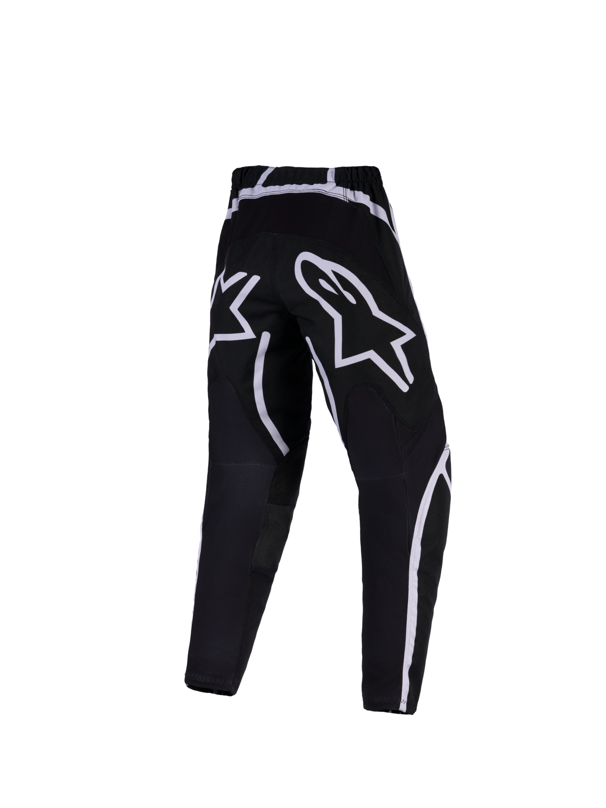 Alpinestars Pantaloni Fluid Apex Ragazzo 2026, pantaloni da motocross, nero e bianco, vista posteriore con grandi loghi a stella bianchi sulla seduta e accenti grafici curvi, abbigliamento tecnico da fuoristrada per ragazzi