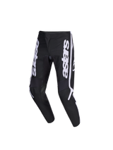 Alpinestars 2026 Youth Fluid Apex Pants, pantaloni da motocross per ragazzi, nero e bianco, con vistoso marchio astars verticale sulle gambe, forma ergonomica pre-curvata e pannelli rinforzati per prestazioni fuoristrada