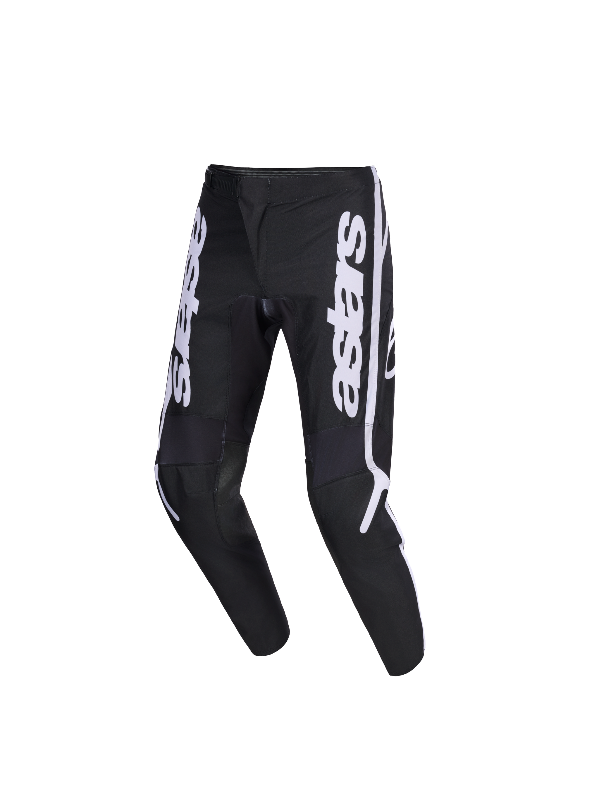 Alpinestars 2026 Youth Fluid Apex Pants, pantaloni da motocross per ragazzi, nero e bianco, con vistoso marchio astars verticale sulle gambe, forma ergonomica pre-curvata e pannelli rinforzati per prestazioni fuoristrada
